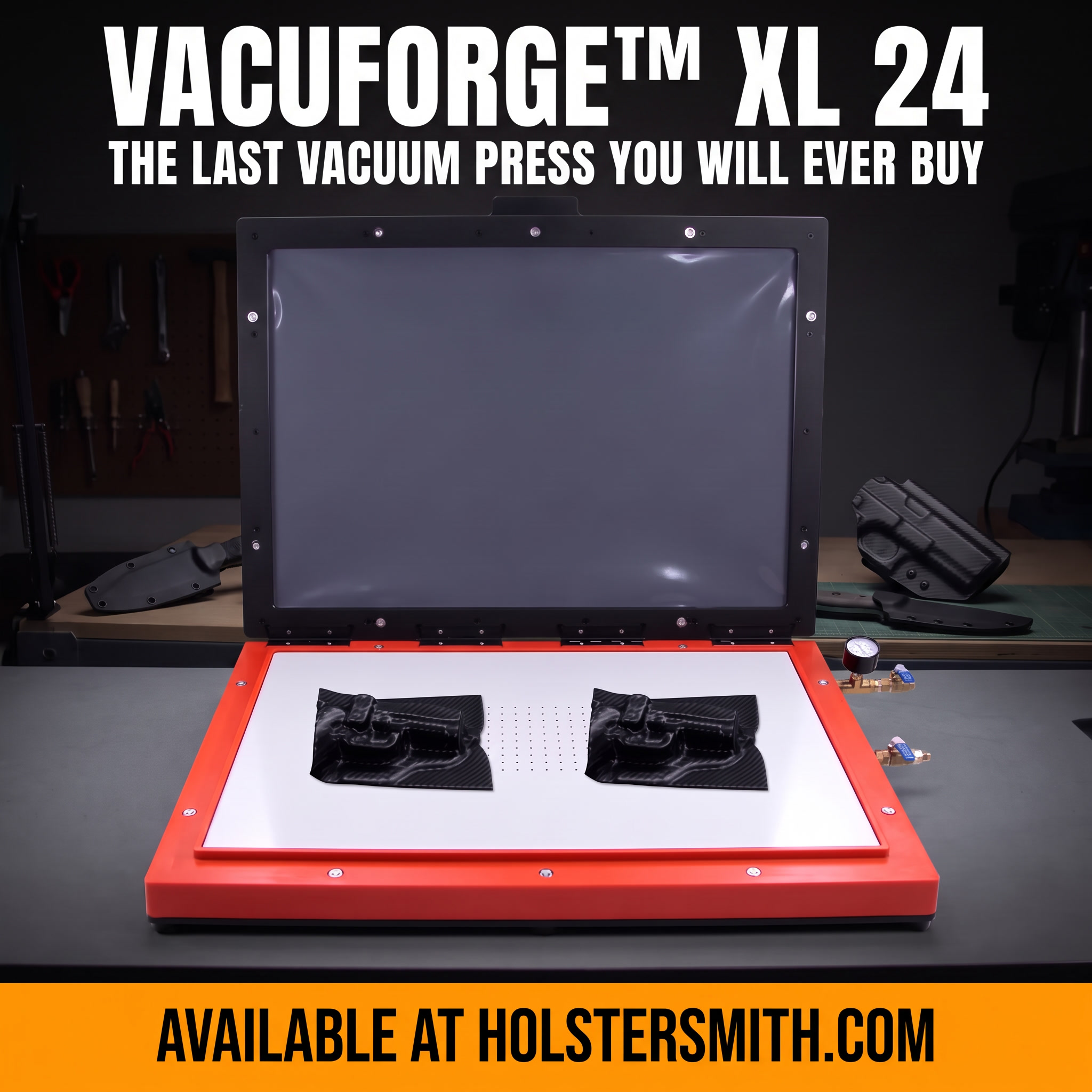 VacuForge™ 16 x 24 inch thermoform vacuum molding press from CKK Industries, made in the USA, with the tagline: The last vacuum press you will ever buy.