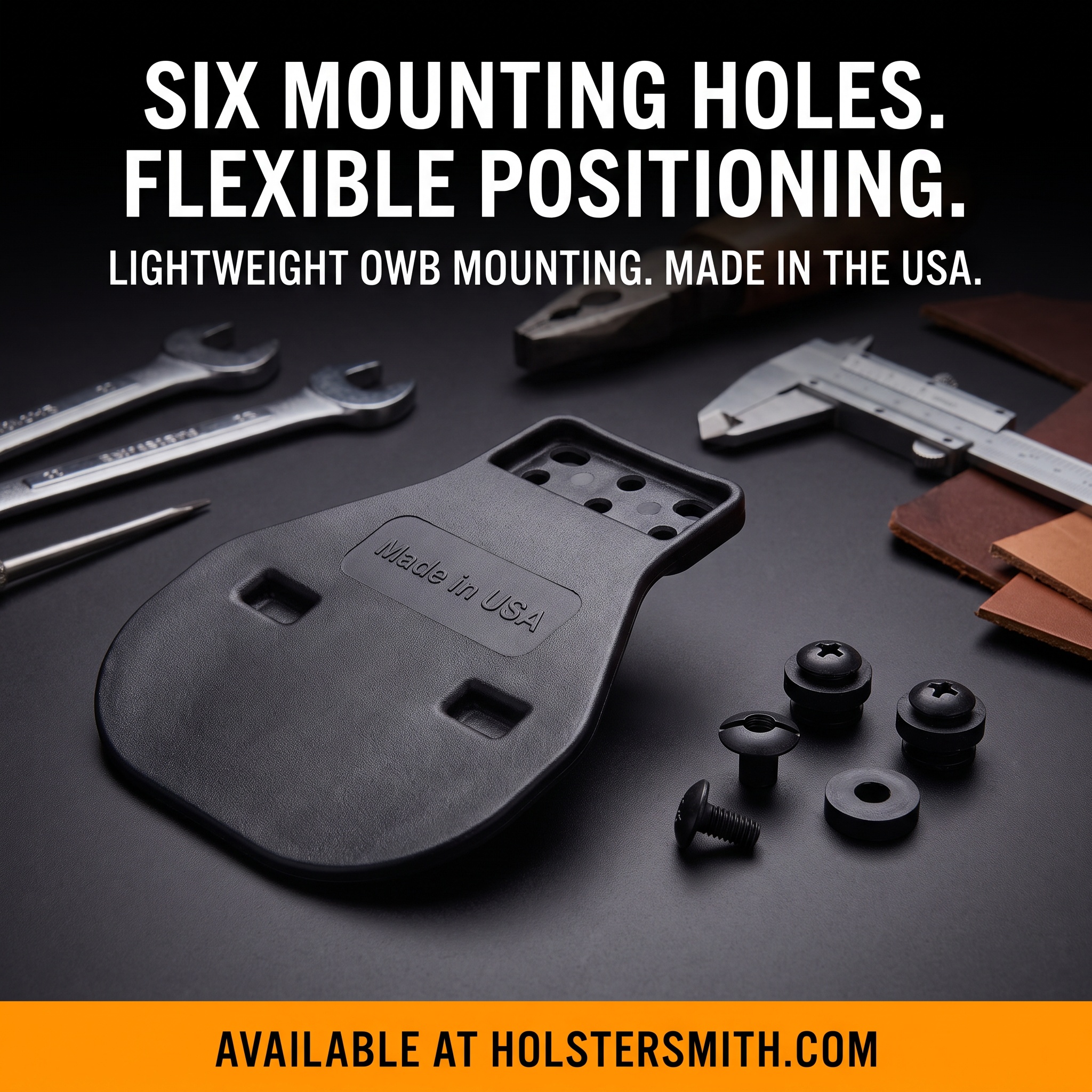 The Hip Paddle OWB holster attachment from Talon Retention Systems displayed in black proprietary polymer, showing all six mounting holes with adjustable configuration options for holster makers and builders