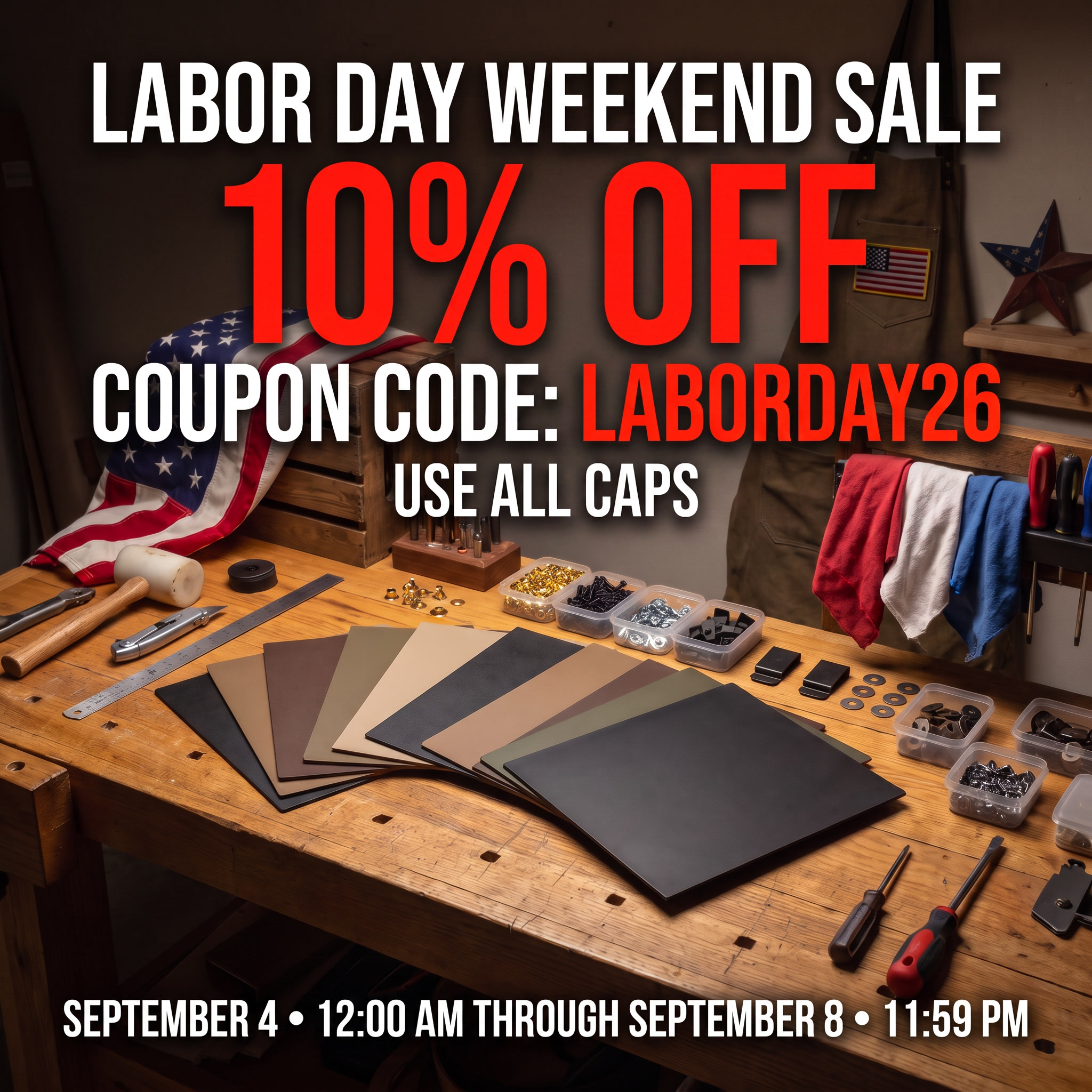 Assorted premium holster and sheath making supplies including KYDEX® sheets in multiple colors, leather hides, holster hardware, rivets, snaps, eyelets, molding tools, finishing supplies, and professional-grade hand tools arranged on a dark workbench surface