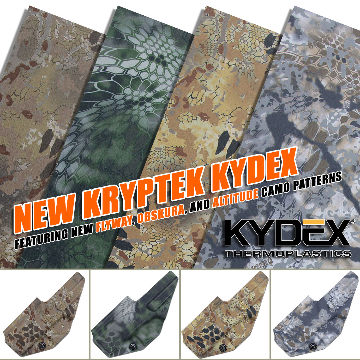 New Kryptek® camo KYDEX® sheets in seven tactical patterns, featuring high-detail digital infusion for holsters and sheaths. Available in multiple sizes.