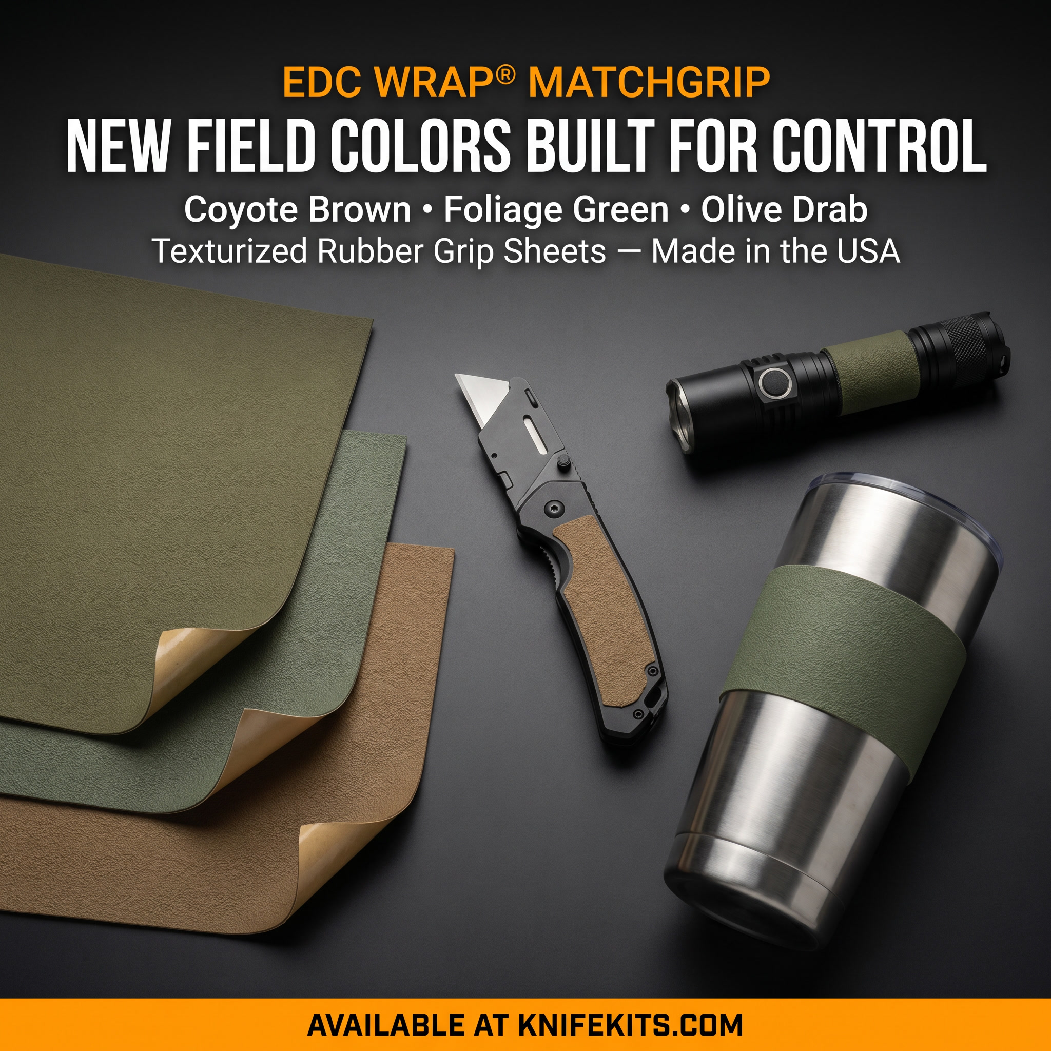 Three swatches of EDC Wrap MatchGrip texturized rubber grip material side by side in Olive Drab, Foliage Green, and Coyote Brown.