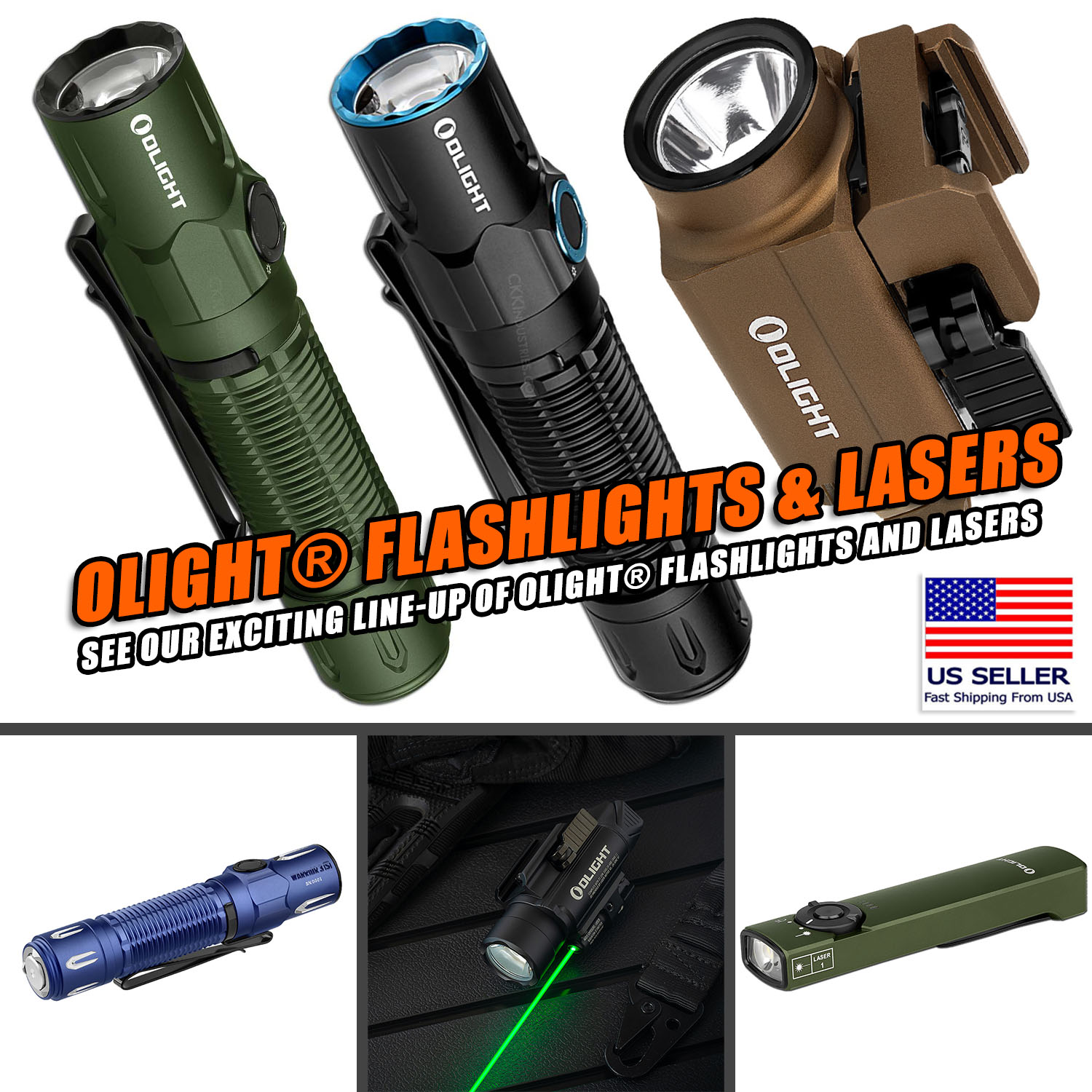 Selection of high-performance OLIGHT flashlights and laser sights designed for firearms, showing compact tactical lights.