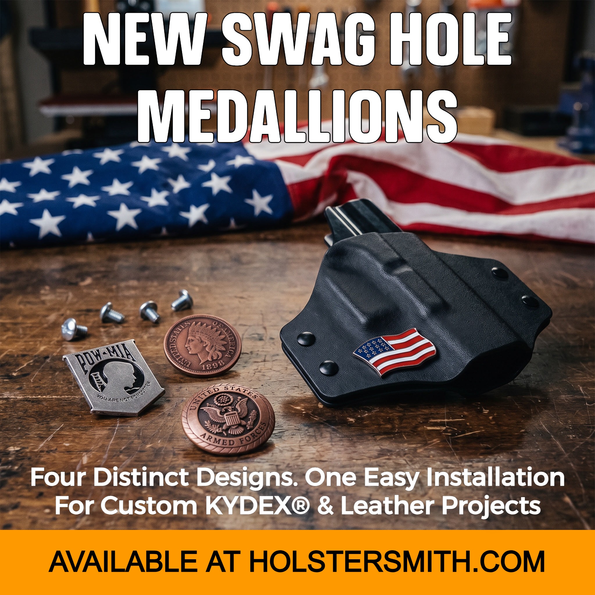Four metal swag hole medallions for holsters and sheaths, featuring a USA flag design, an antique copper Indian Head Penny design, a pewter POW-MIA emblem, and a copper Armed Forces Great Seal design, each with a rear screw post mount..