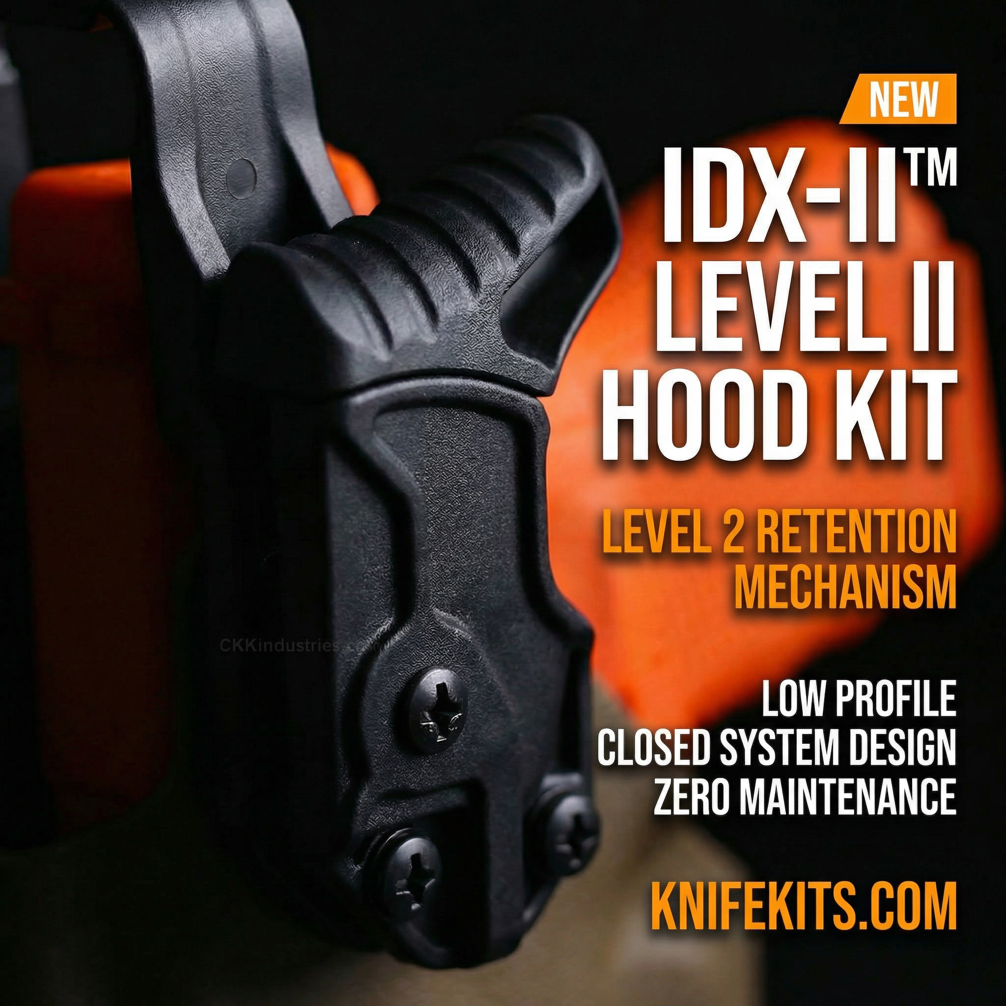 HOLSTEX® IDX-II™ Level II Hood Kit — duty-grade retention system shown mounted on a tactical holster, manufactured in the USA.
