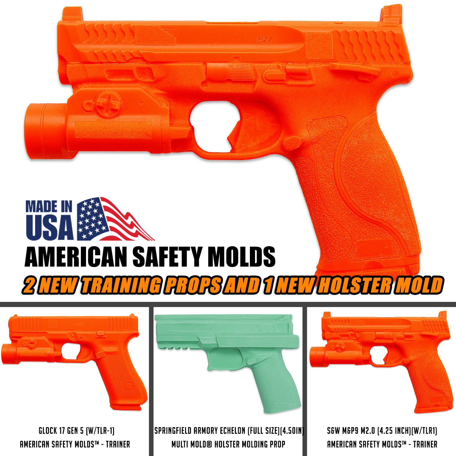 Multi Mold holster molding prop for Springfield Armory Echelon alongside ASM firearm training replicas for Glock 17 Gen 5 and S&W M&P9 M2.0