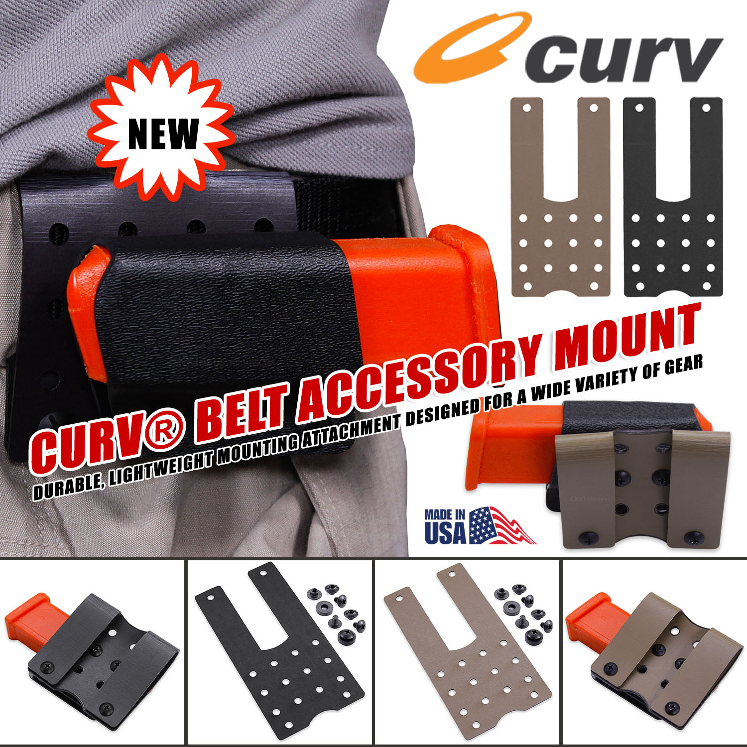 CURV® Belt Accessory Mount in black and coyote brown colors showing 12 mounting holes spaced evenly along the length, designed for attaching holsters and EDC gear to belts up to 2 inches wide