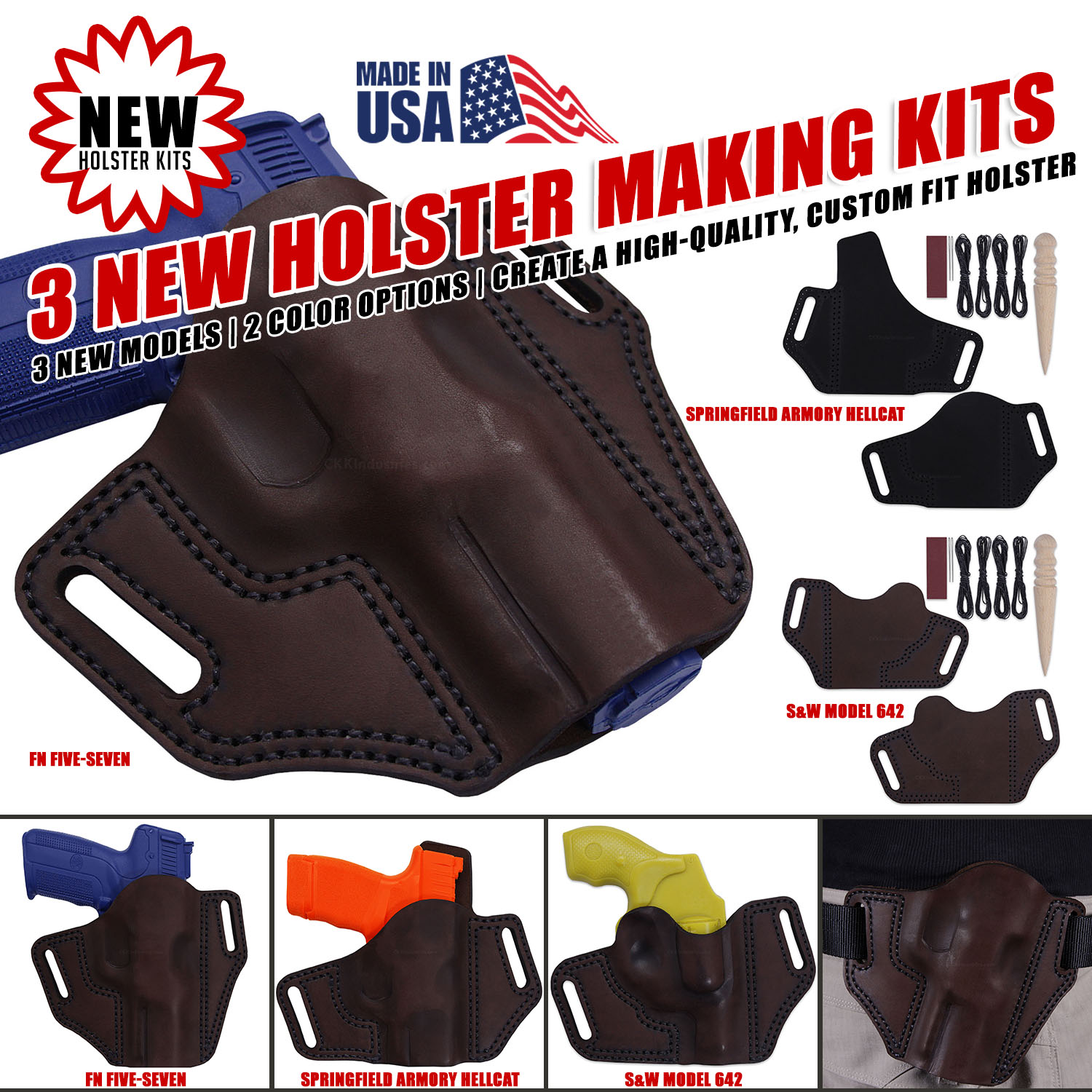 Two white ASM molding widgets displayed on dark background with “NEW FROM ASM“ badge, showing weapon light clearance tools for holster making with comparison images below demonstrating proper molding technique and finished holster results