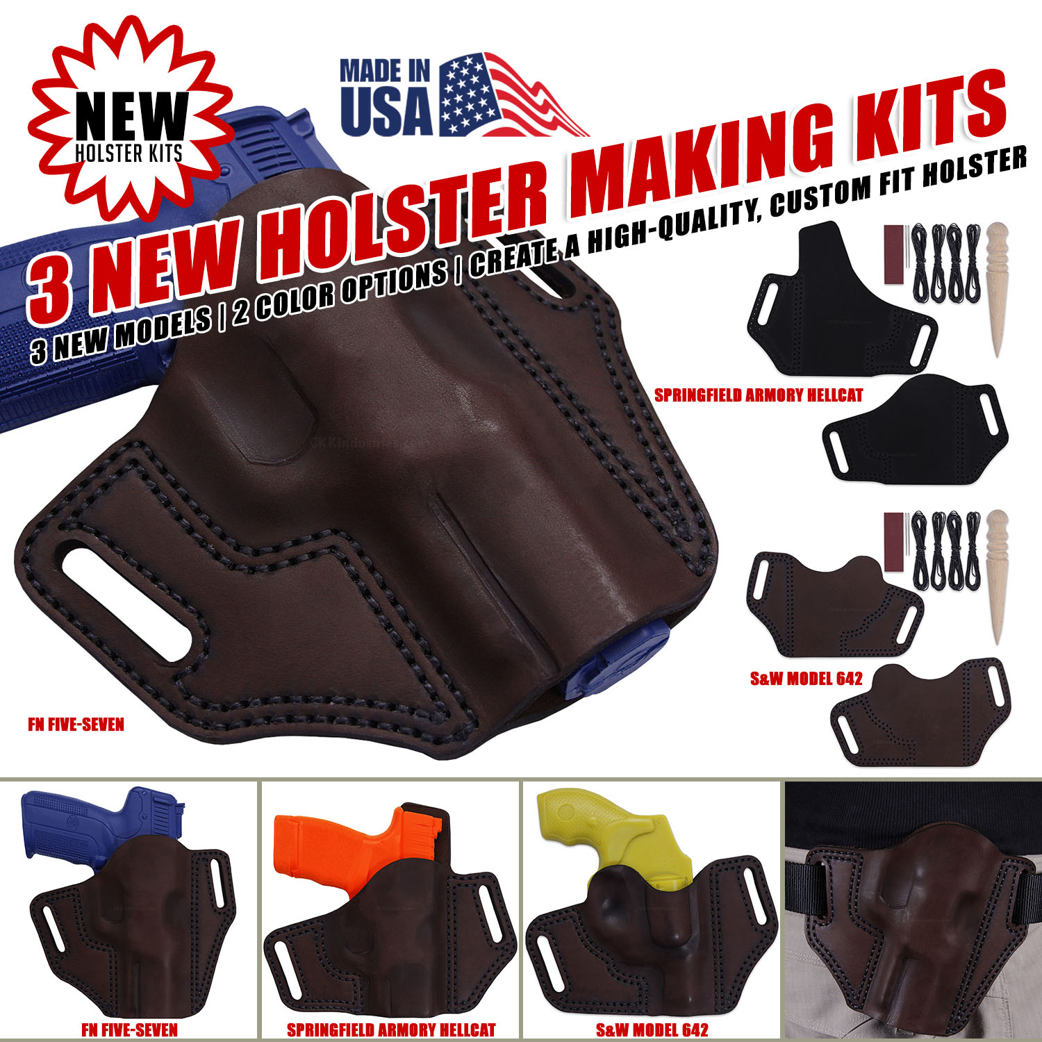 Promotional image promoting 3 new pancake style leather holster making kits