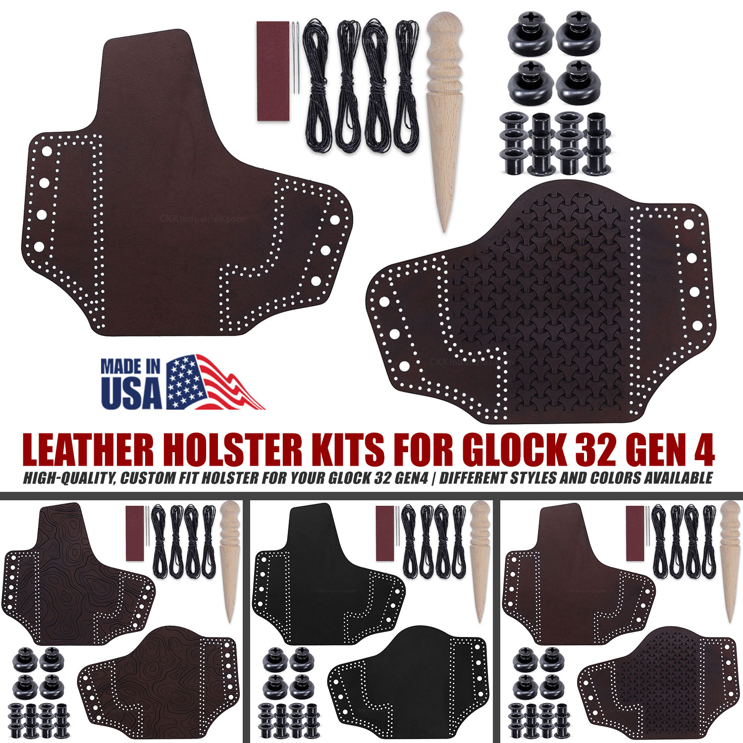 Glock 32 Gen 4 compatible leather holster kit in espresso with pancake style design