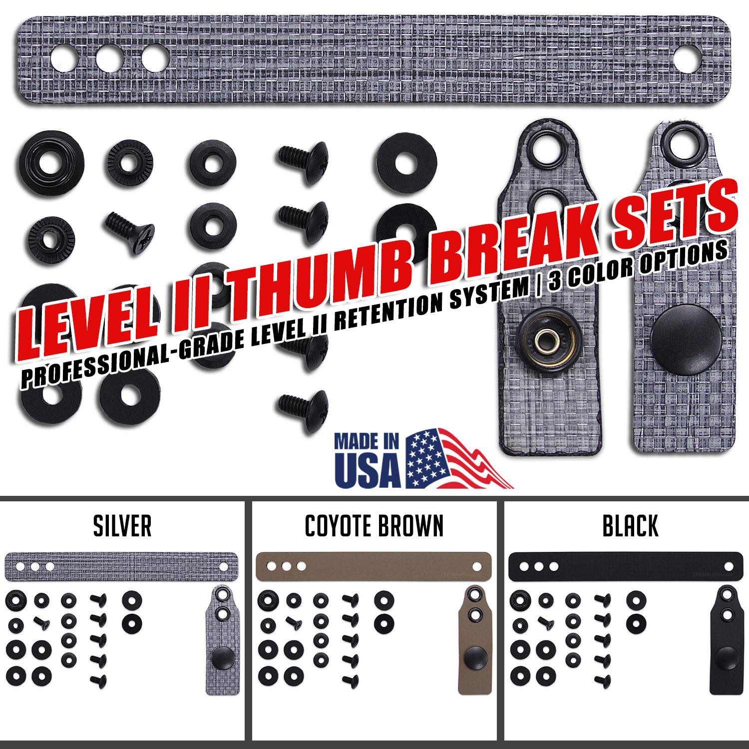 Level II Thumb Break Set made with 12-layer Tegris material showing thumb break component with integrated snap, IWB rigid loop, clutch posts, screws, washers, and complete snap assembly hardware laid out on white background