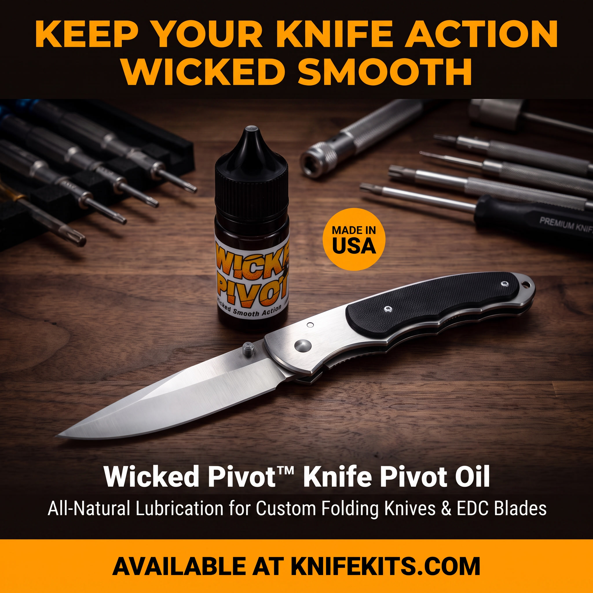 A dropper bottle of Wicked Pivot pivot oil standing beside an open pocket knife, illustrating the natural oil blend used to lubricate knife pivots and friction points.