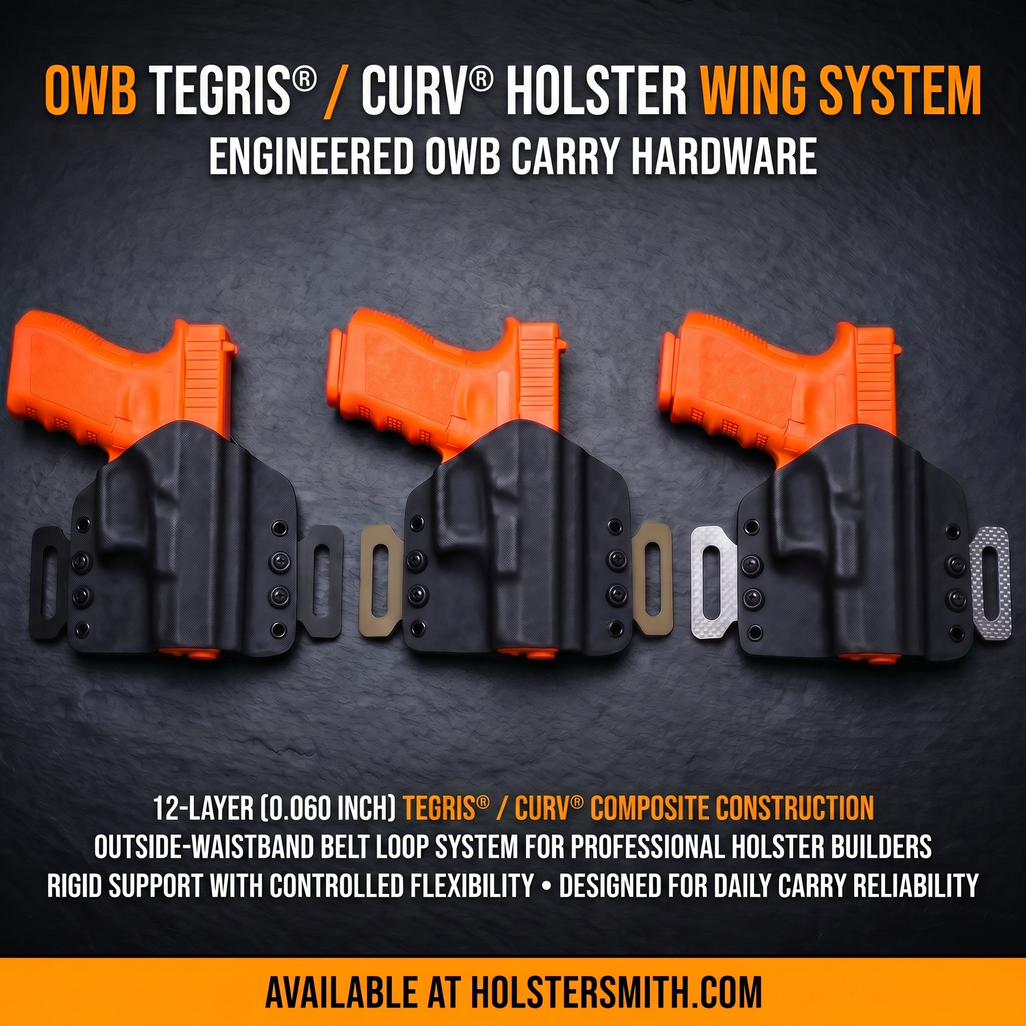 Tegris® / Curv® Wings OWB Belt Loops — 12-layer wing-style outside-the-waistband belt loops available in Black, Coyote, and Silver in Tegris® and Black and Coyote in Curv®, sized for belts up to 1.50 in or 1.75 in, with optional mounting hardware kit included.