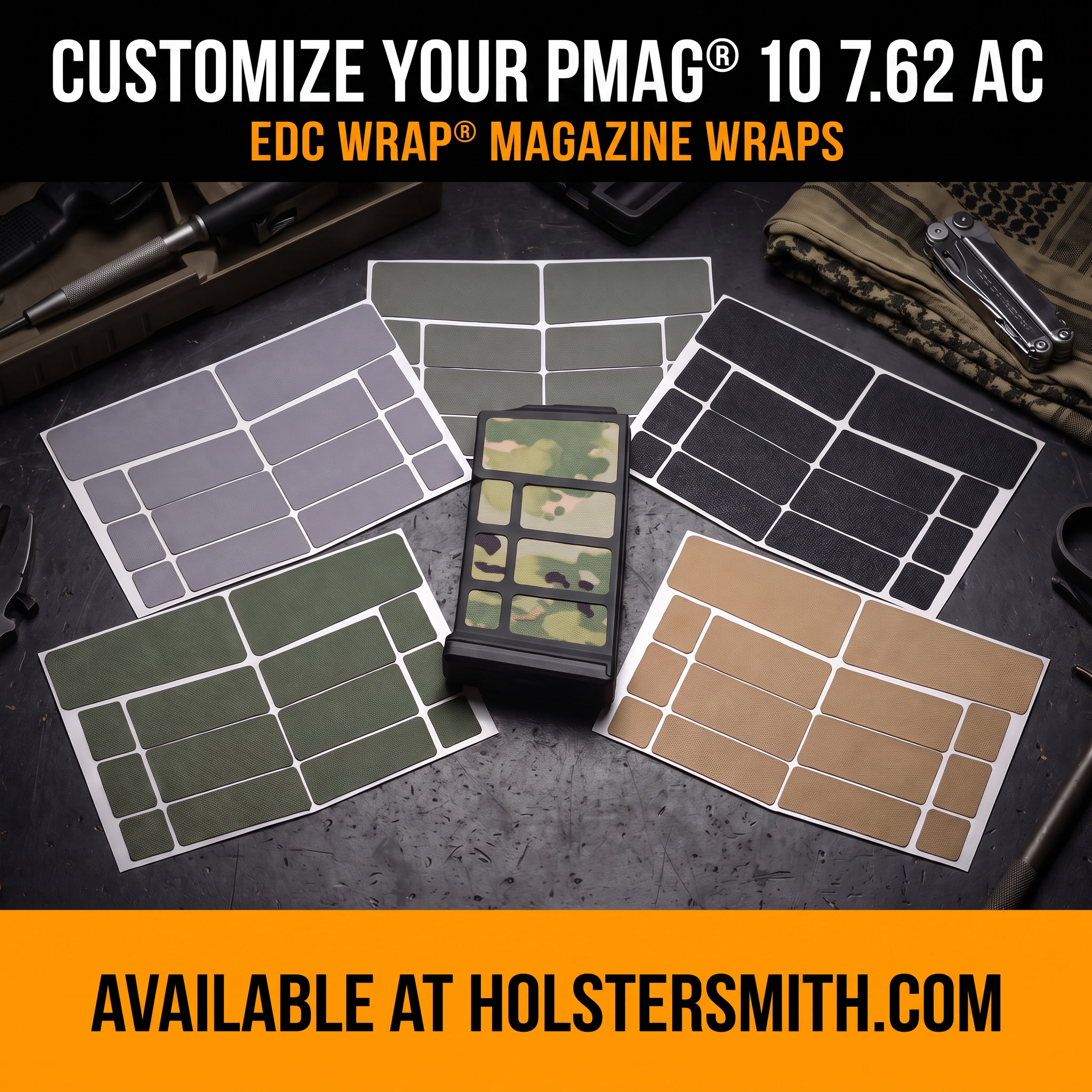 EDC Wrap kits laid out beside a PMAG 10 7.62 AC magazine, showing the Cordura fabric wrap and the black MatchGrip textured rubber wrap ready for application