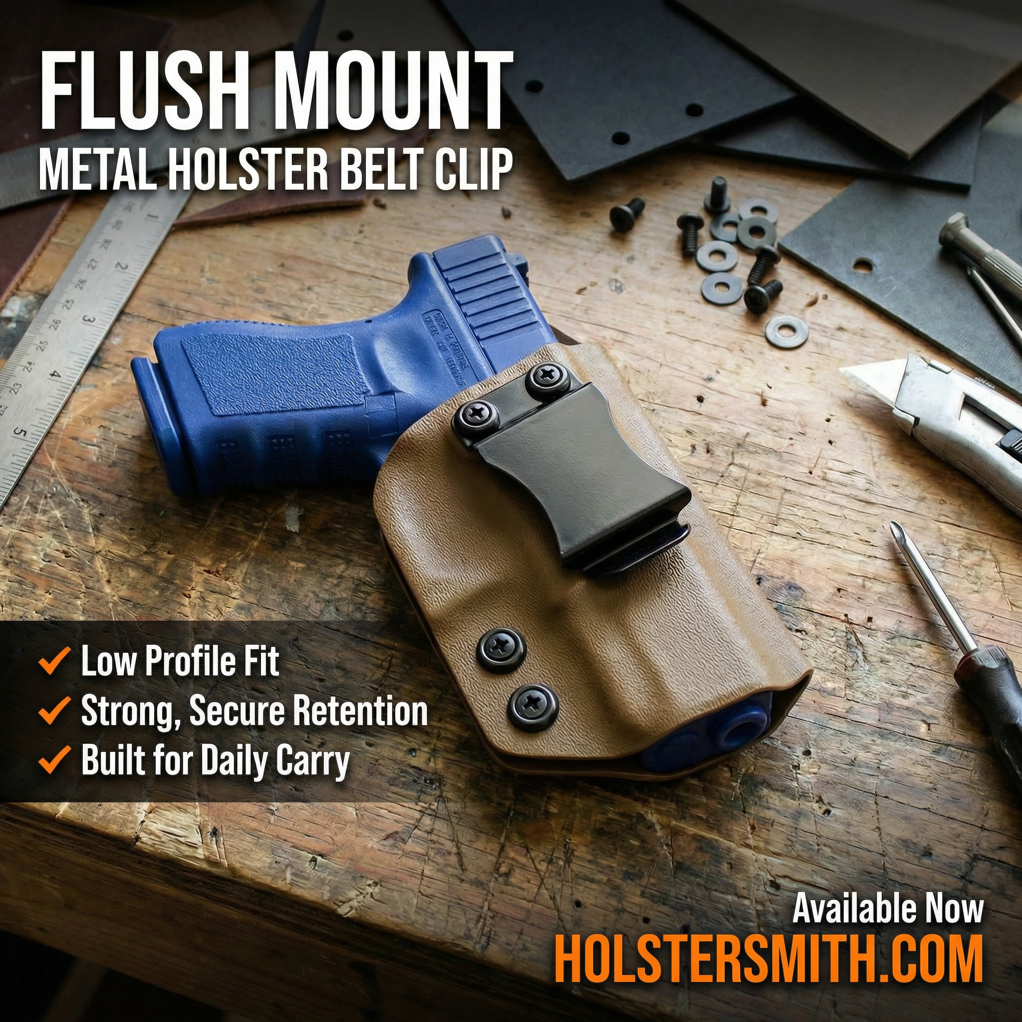 Police Black spring steel flush mount belt clip from HolsterSmith.com™ — available in 1.50-inch and 1.75-inch belt sizes, pre-drilled and ready to mount on your holster or knife sheath.