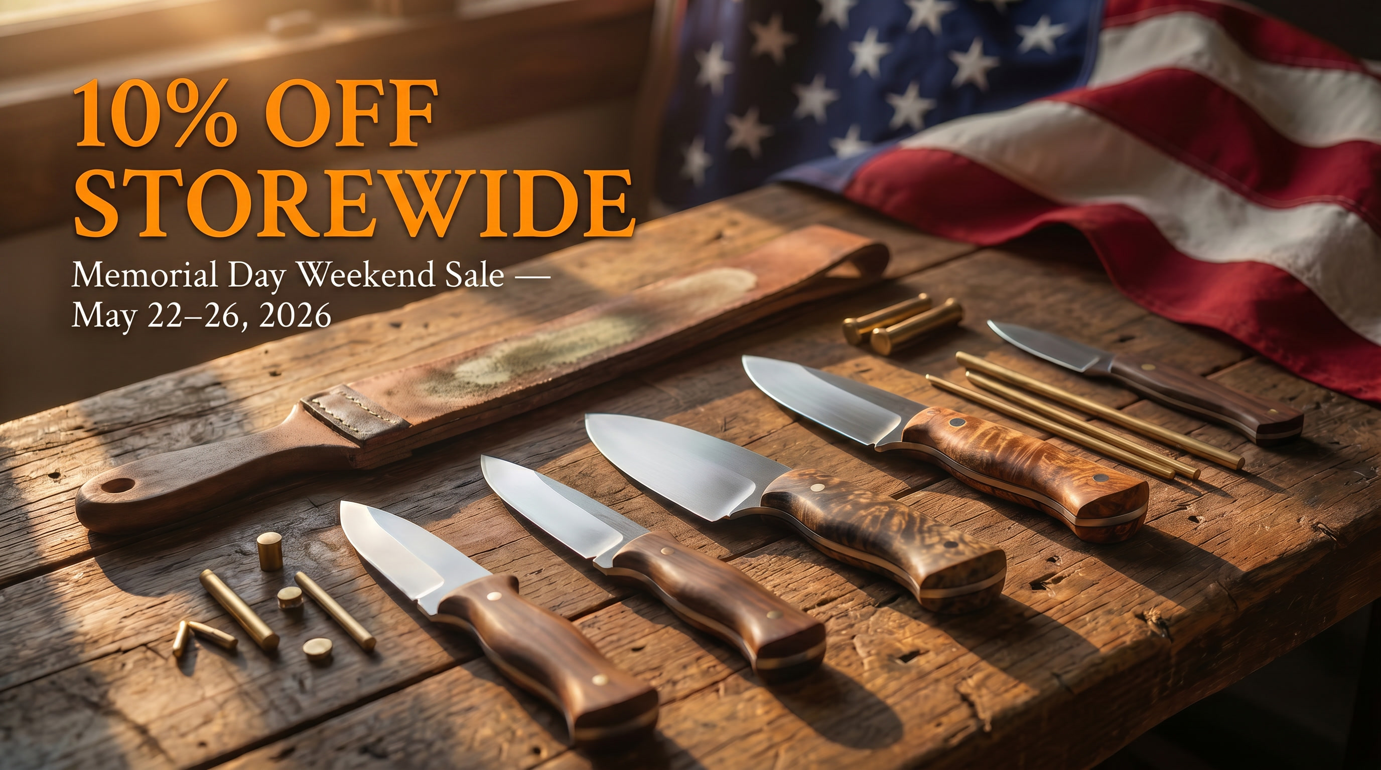 A flat-lay photograph of handcrafted knives and knife-making tools — including blade blanks, walnut handle scales, a leather strop, and brass pins — arranged on a weathered oak workbench, with a softly focused American flag in the background. Warm golden light casts long shadows across the tools. Text in the image reads: “KnifeKits.com — Memorial Day Weekend Sale, May 22–26, 2026.“