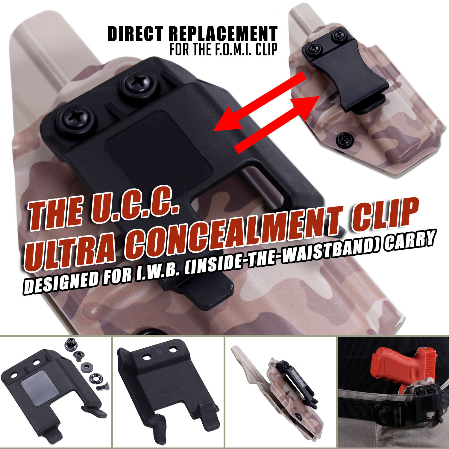 U.C.C. Ultra Concealment Clip in tactical black polymer showing IWB belt attachment design with pre-drilled mounting flange and rotational mechanism for improved holster concealment and reduced printing