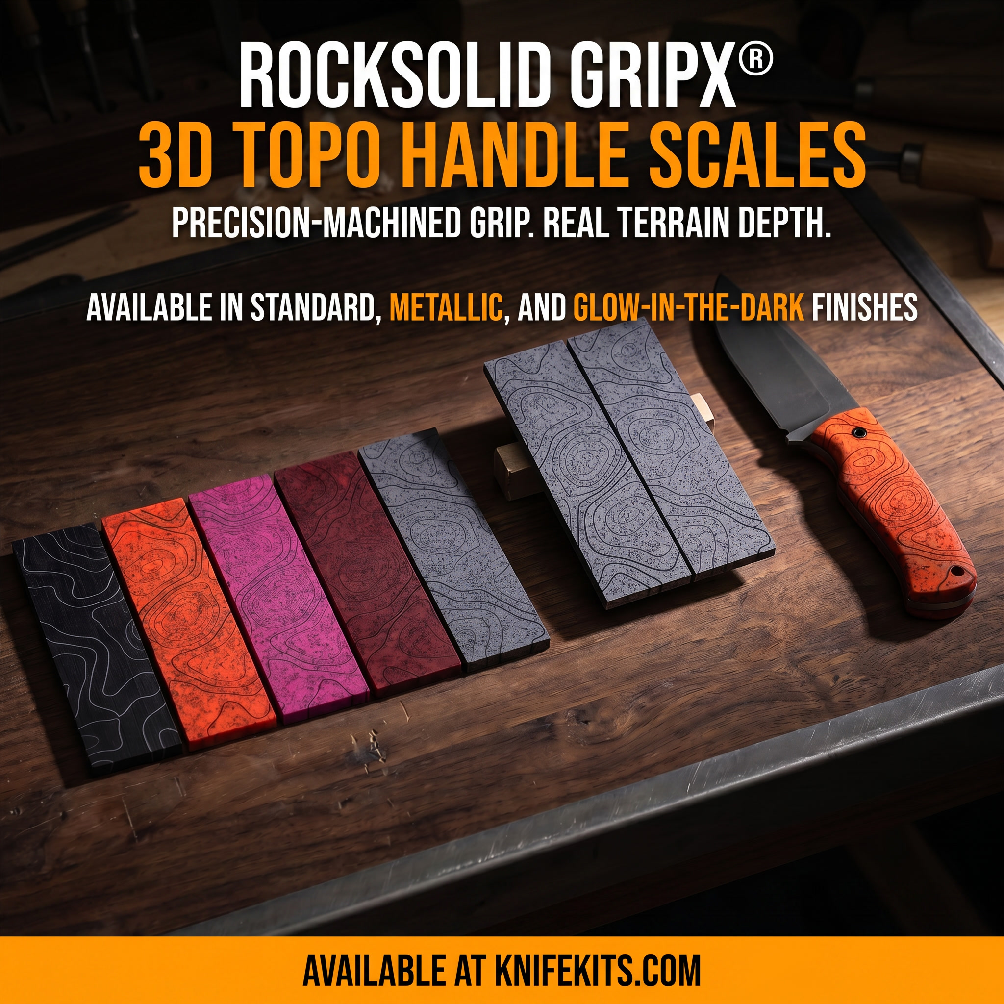 Rock Solid™ GripX™ Handle Scales featuring a three-dimensional Topographic Terrain Map pattern, shown in a book-matched set. Made in the U.S.A. Rubber-impregnated for superior grip. Available in 29 colors and finishes at KnifeKits.com.