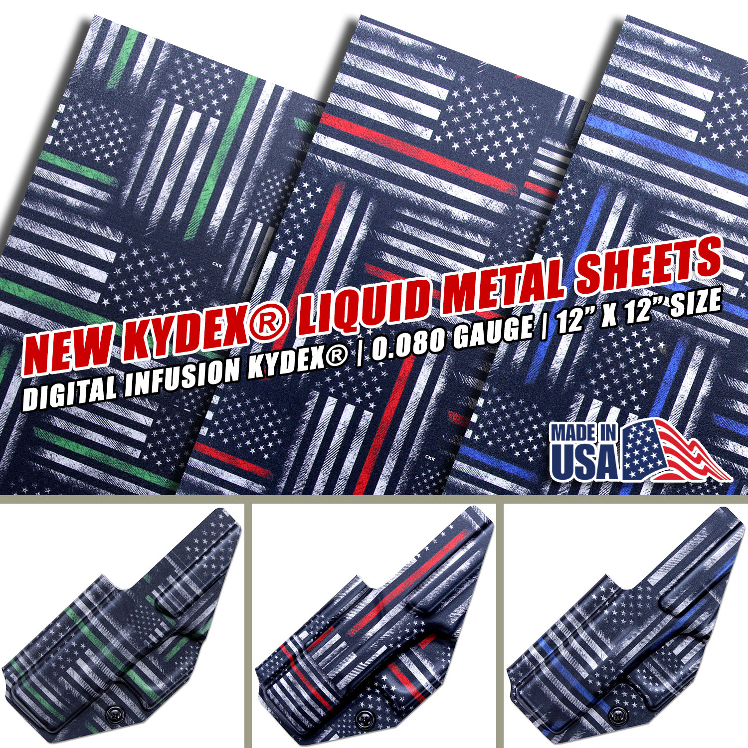 Premium Liquid Metal KYDEX® - Aluminum Thin Line collection honoring law enforcement, firefighters, and military personnel.