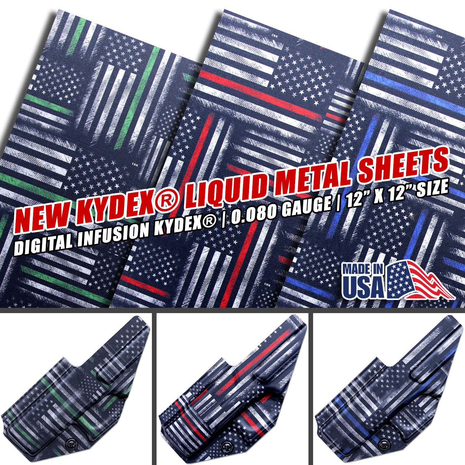 Liquid Metal KYDEX® - Aluminum Thin Line sheets featuring blue, red, and green accent stripes on American flag patterns with metallic shimmer finish.