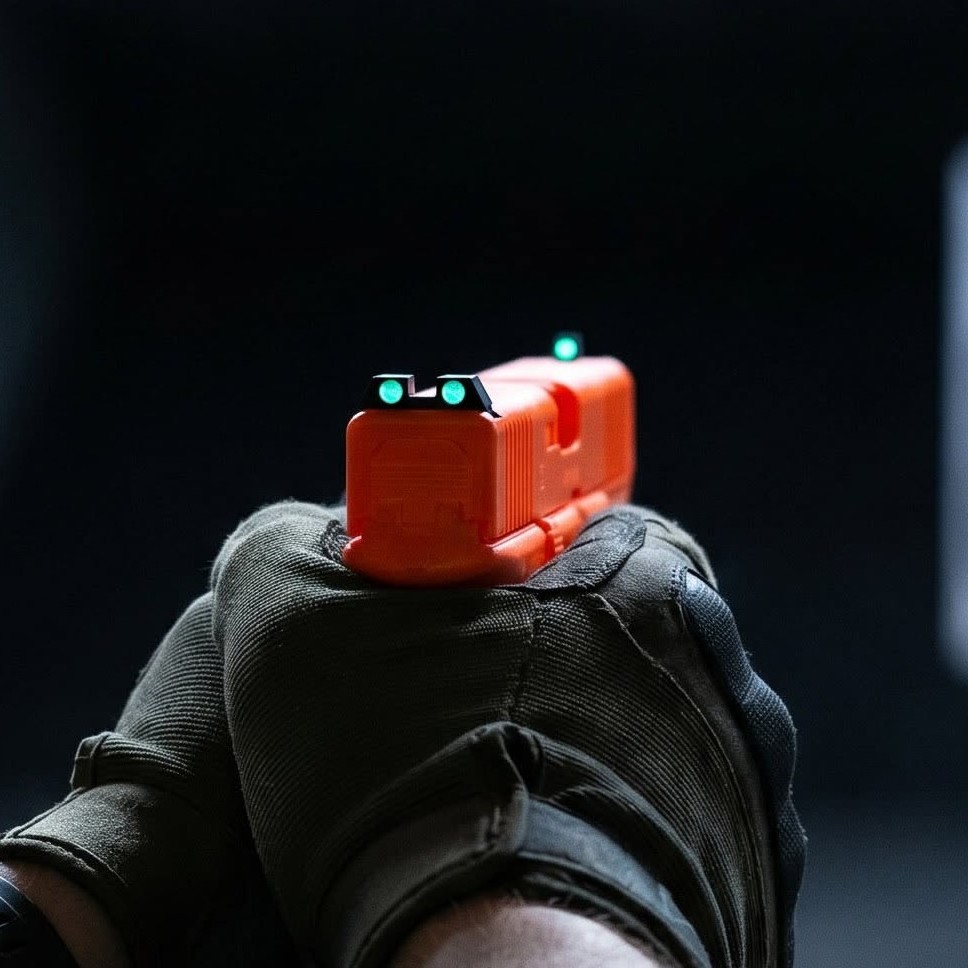 Blaze orange ASM™ training prop replica of a Glock® 17 Gen 5 pistol, showing the metal TrueSight™ night-glow sights mounted on the slide, displayed against a dark charcoal background.