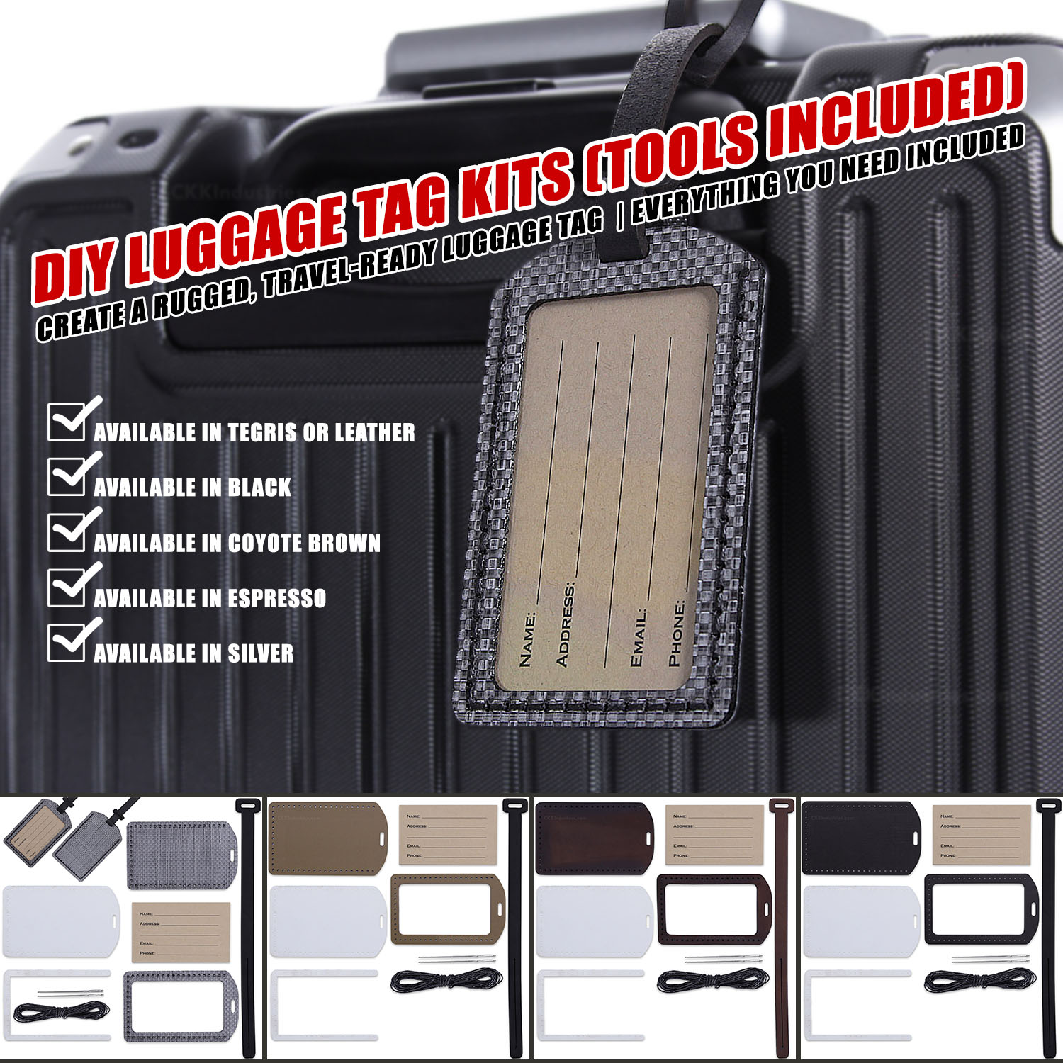 DIY Luggage Tag Kit showing black leather and Tegris material options with included tools and pre-cut pieces for assembly