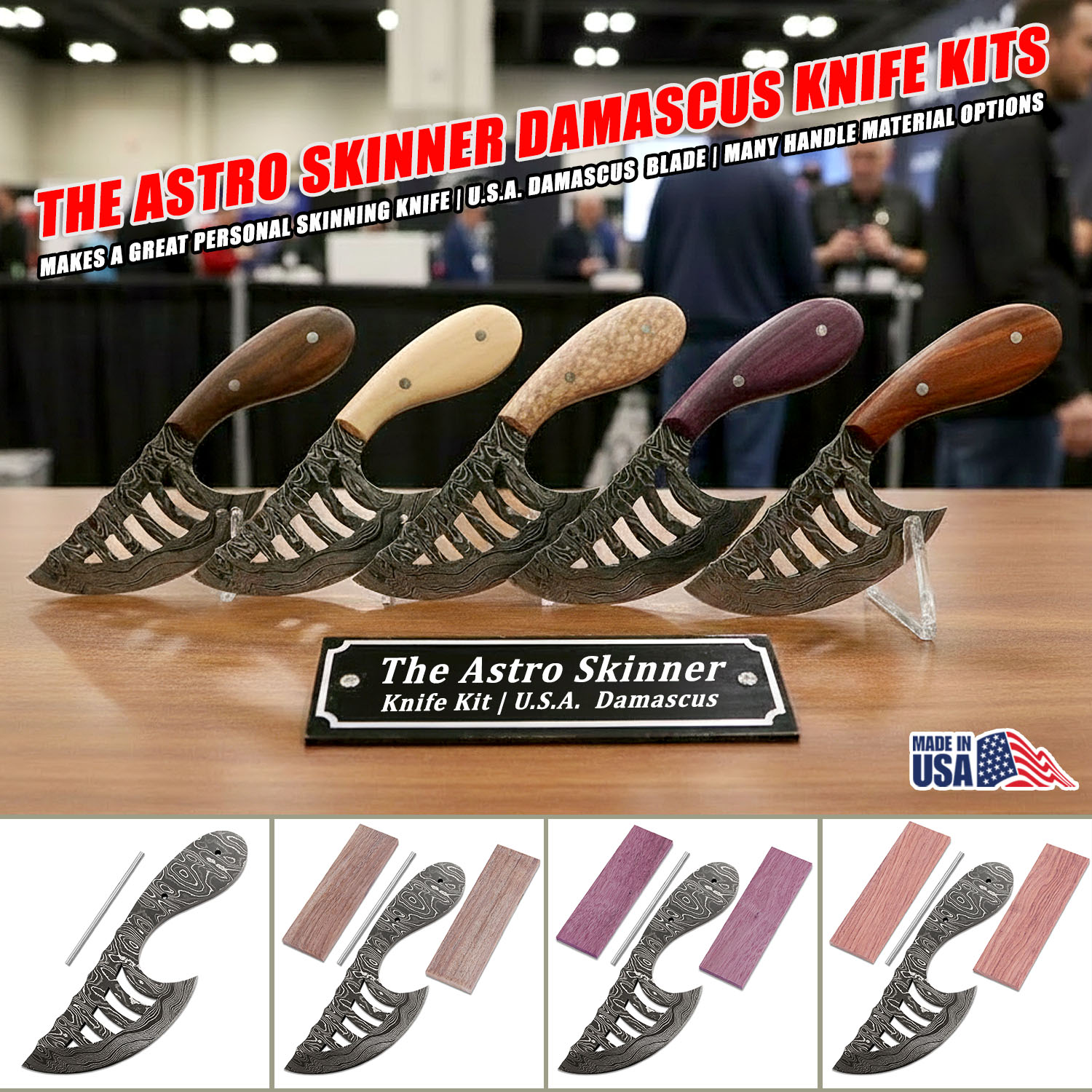 Astro Skinner Damascus knife kit options: blade with pinstock and seven wood scale variations in Bubinga, Curly Maple, Lacewood, Mahogany, Purpleheart, Walnut, and Yellowheart