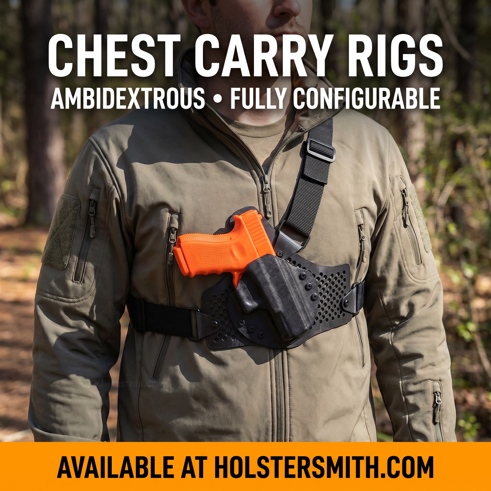 CKK Industries Chest Carry Rig shown in black Tegris and black leather, worn on the chest with adjustable webbing and elastic straps and a mounted holster