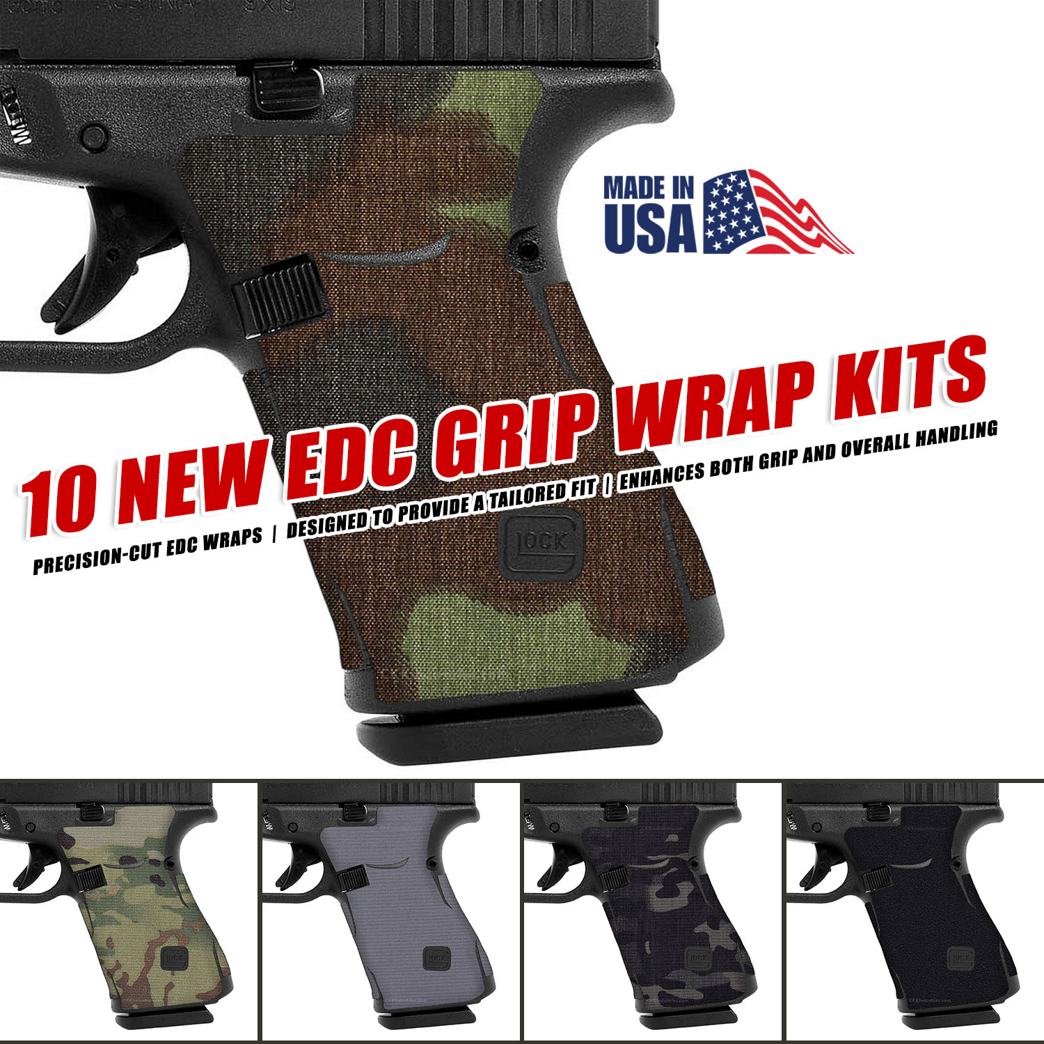 Close-up of EDC Wrap® Gun Grip Kit grip texture applied to Glock® Gen 5 frame, demonstrating enhanced tactile surface and water-resistant coating