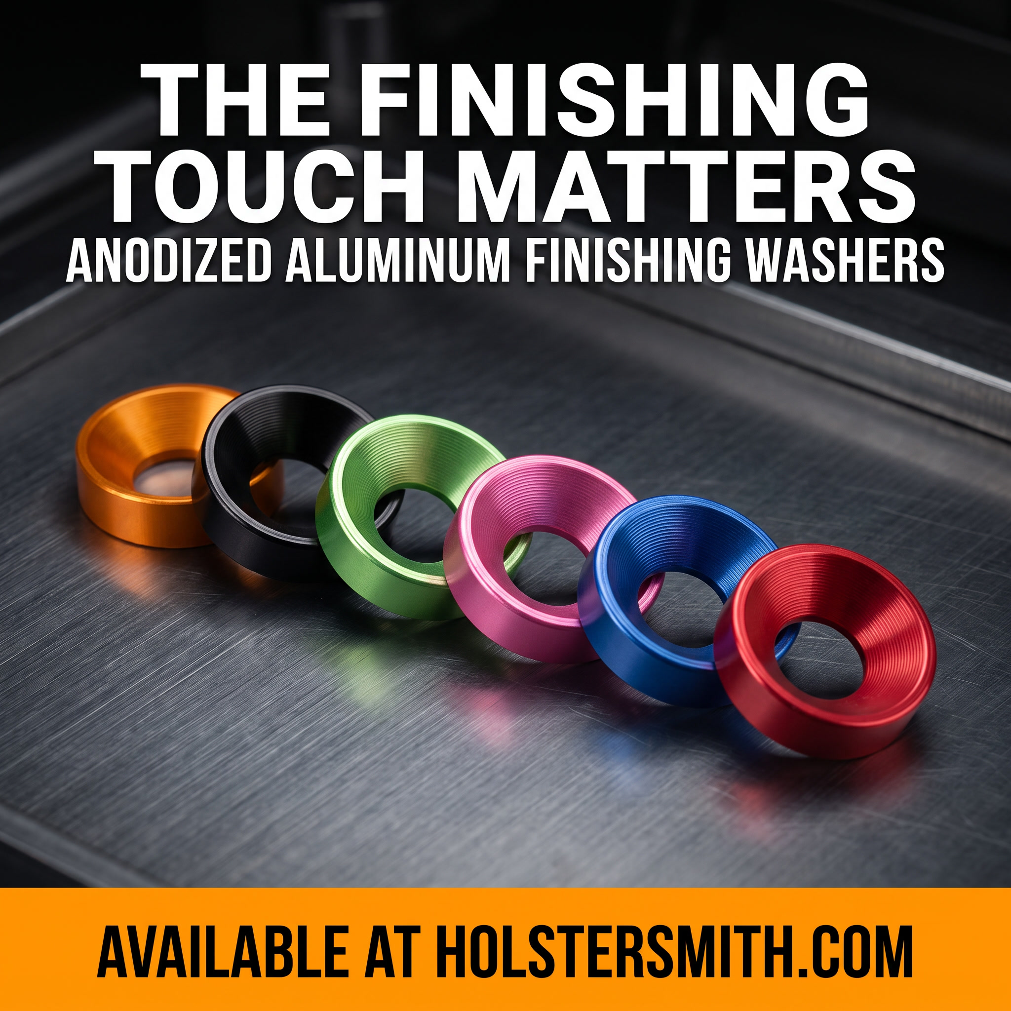 Set of anodized aluminum flat top finishing washers in Electric Orange, Tactical Black, Electric Green, Electric Pink, Electric Blue, and Electric Red arranged in a row, showing the countersunk profile that seats flush against tapered screw heads.