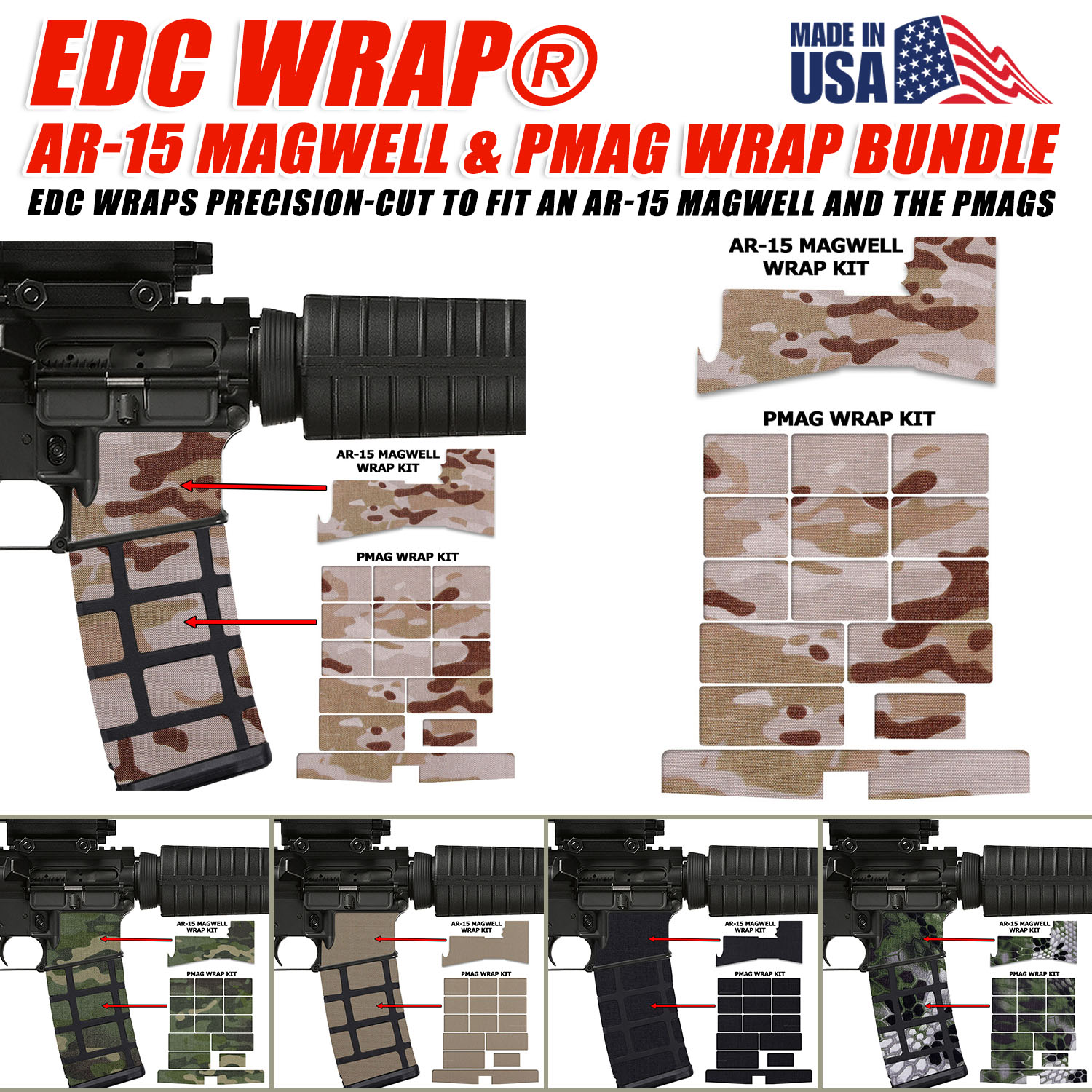 EDC Wrap AR-15 Magwell and PMAG Bundle showing precision-cut grip wraps in multiple colors and patterns