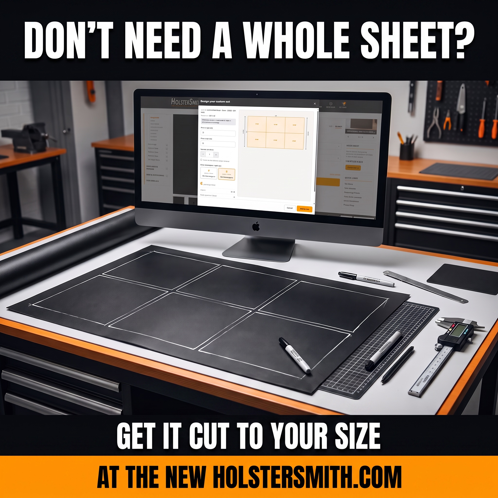 Custom Cuts Chart tool on HolsterSmith.com showing a HOLSTEX sheet cut diagram with entered dimensions and the resulting piece count