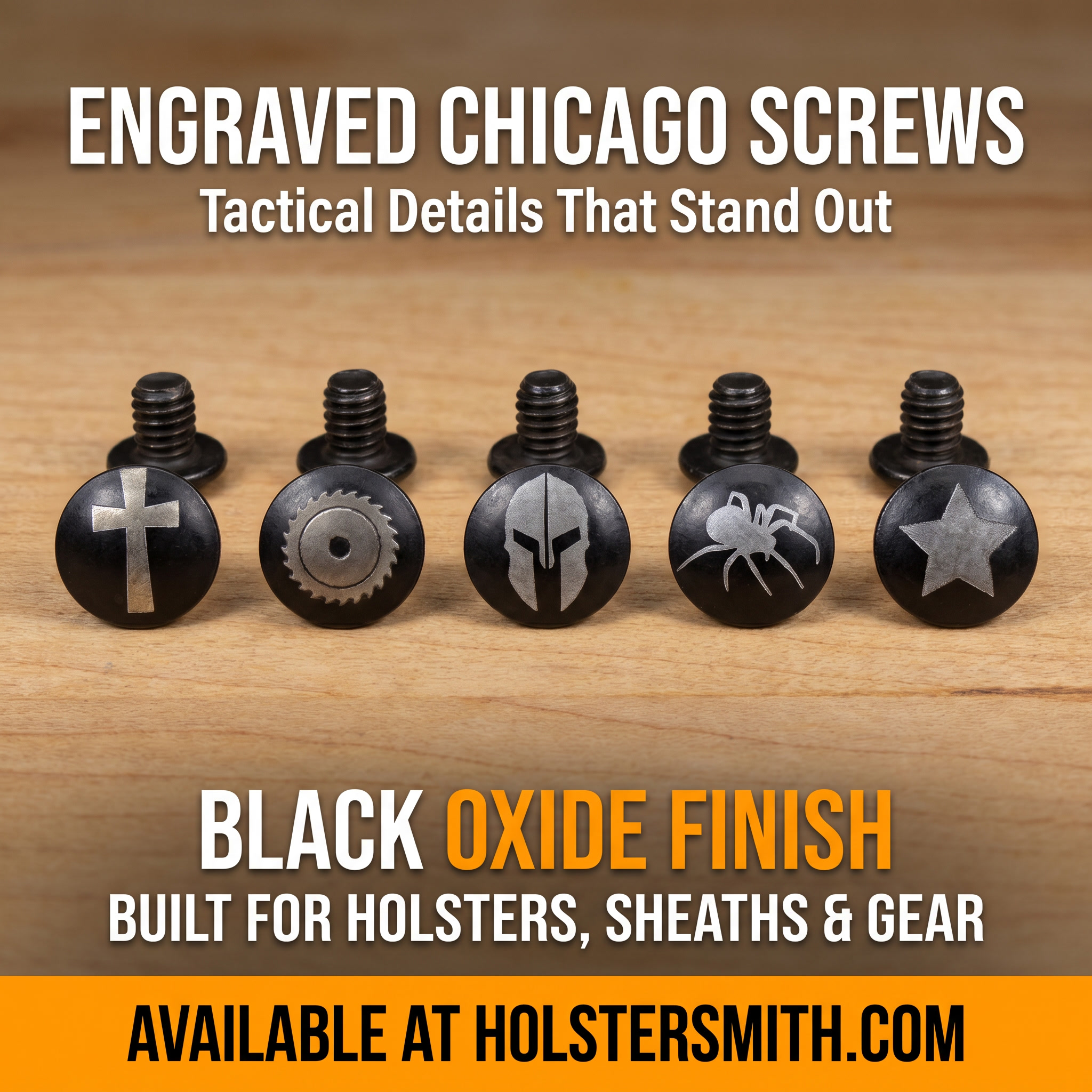 black oxide Chicago screws with engraved female post heads arranged on a dark surface, showing the Cross, Star, Saw Blade, Spartan Helmet, and Spider engraving options available from HolsterSmith.com.
