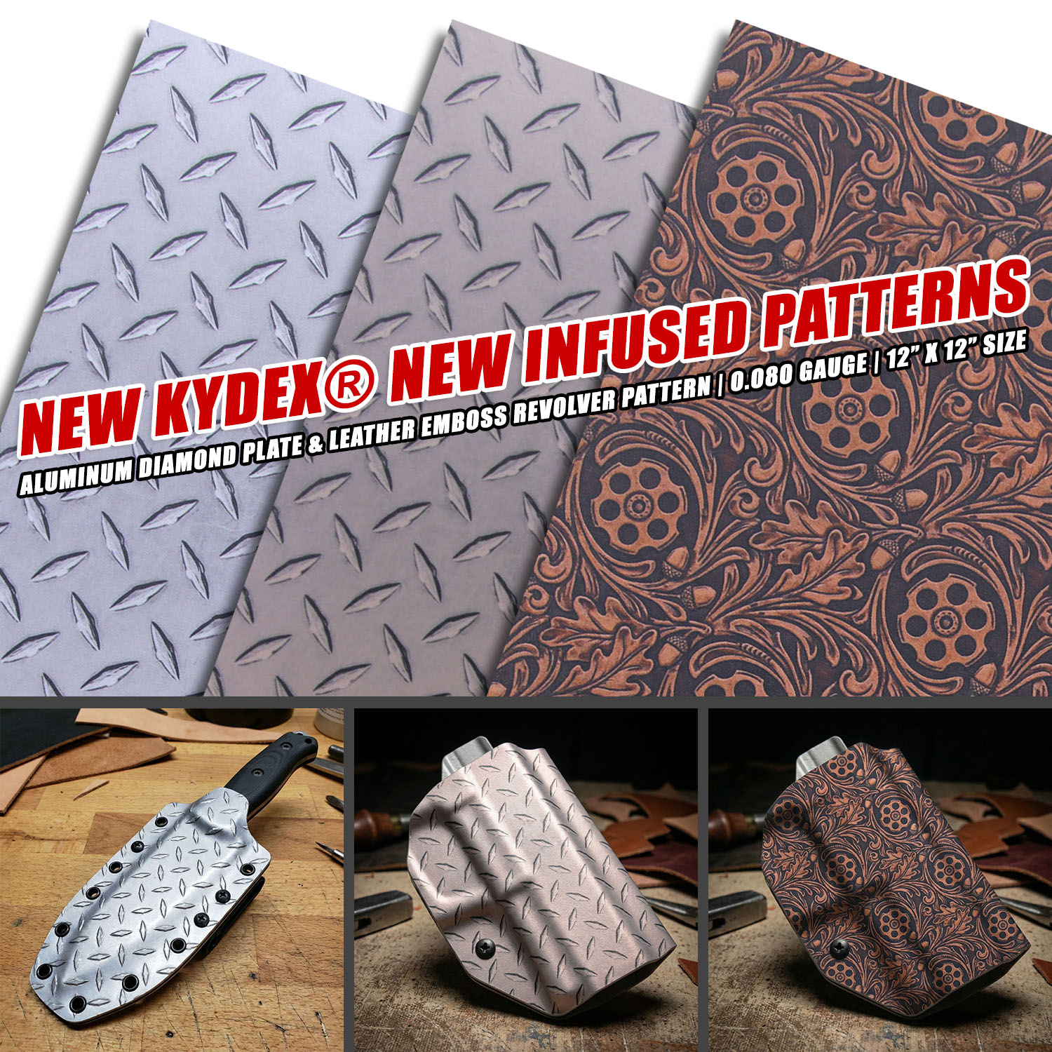 Three new digitally infused KYDEX sheets: Aluminum Diamond Plate, Rose Gold Diamond Plate, and Leather Emboss Revolver in Desert Tan, each .080 gauge, 12 by 12 inches, available at HolsterSmith.com