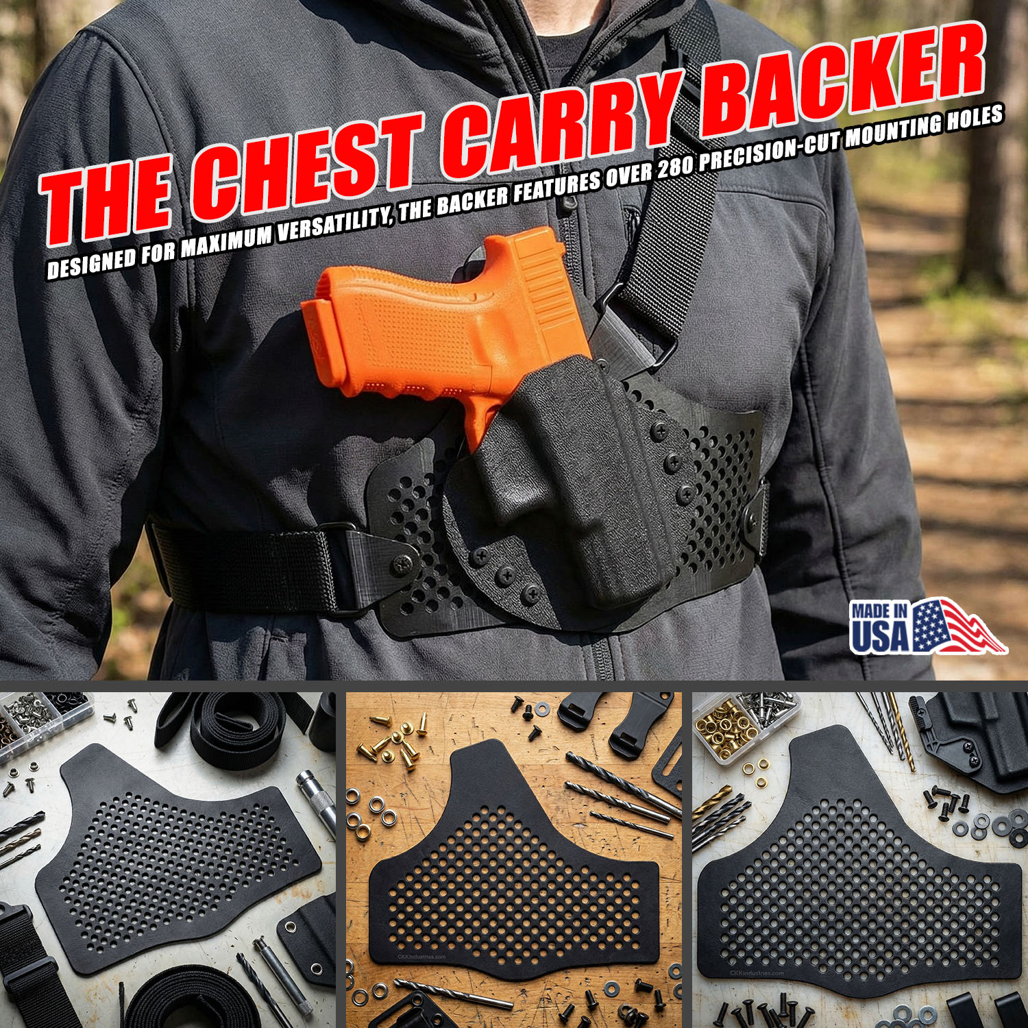 Chest carry backers in black leather and Tegris®: precision-engineered mounting solutions for custom holster builds