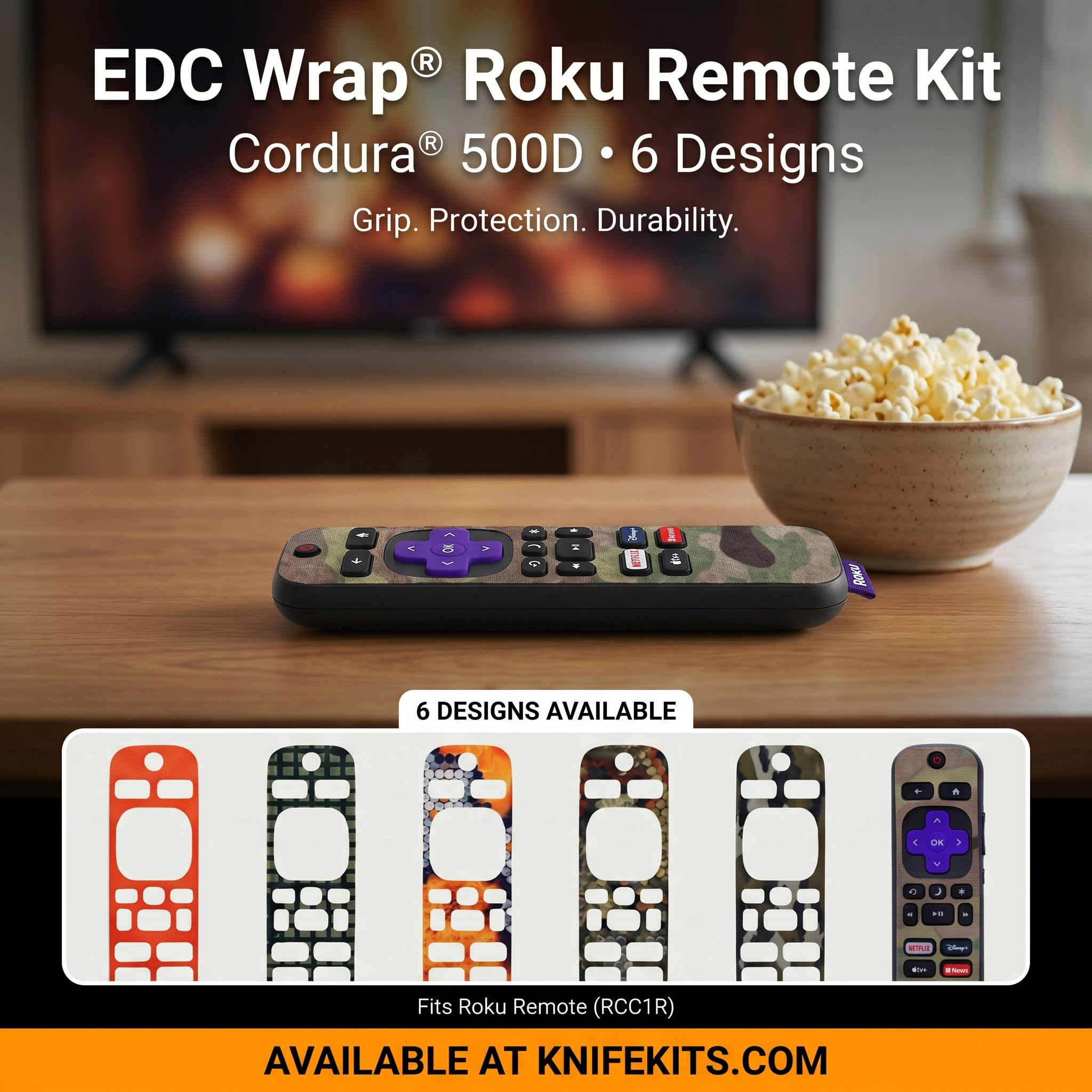 EDC Wrap® Roku Remote (RCC1R) Wrap Kit in Cordura® 500D fabric, shown in six tactical patterns including Multicam®, Blaze Orange, Desert Night Camo, HexCam™ Adirondack, HexCam™ Wasteland, and Mossy Oak® Bottomland — Made in the USA and available at KnifeKits.com