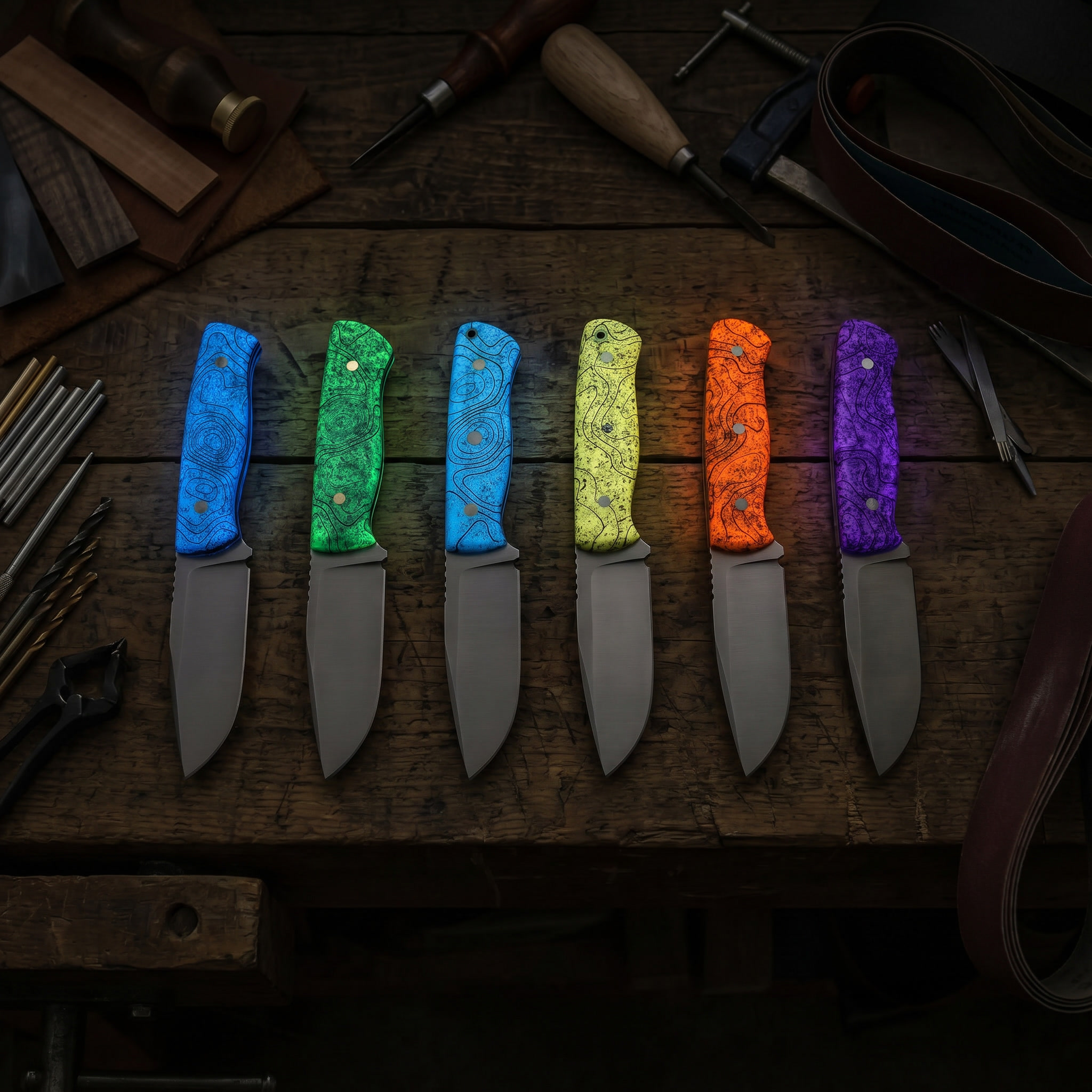 Knives with handles made of glow-in-the-dark GripX handle scales