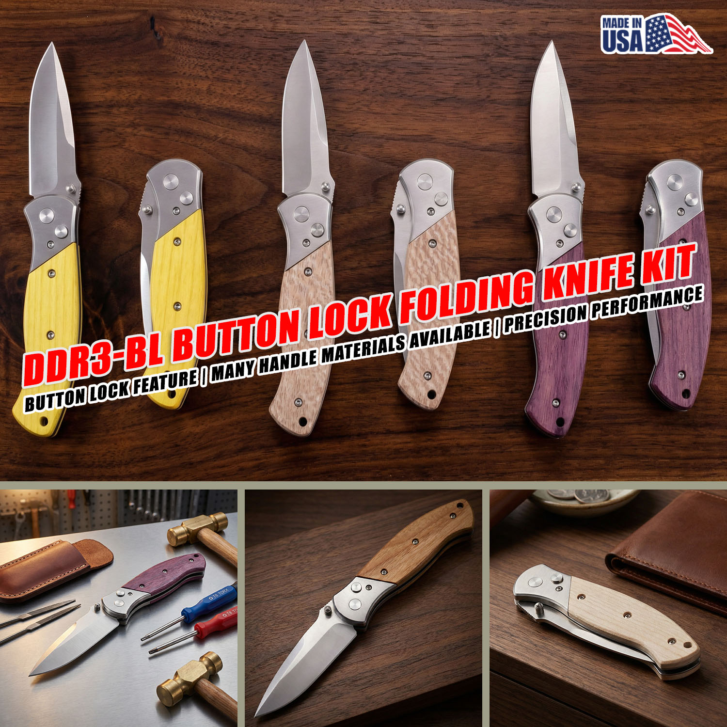 DDR3-BL Button Lock Folding Knife Kit with exotic hardwood handle scales — precision-engineered, builder-ready, Made in USA.