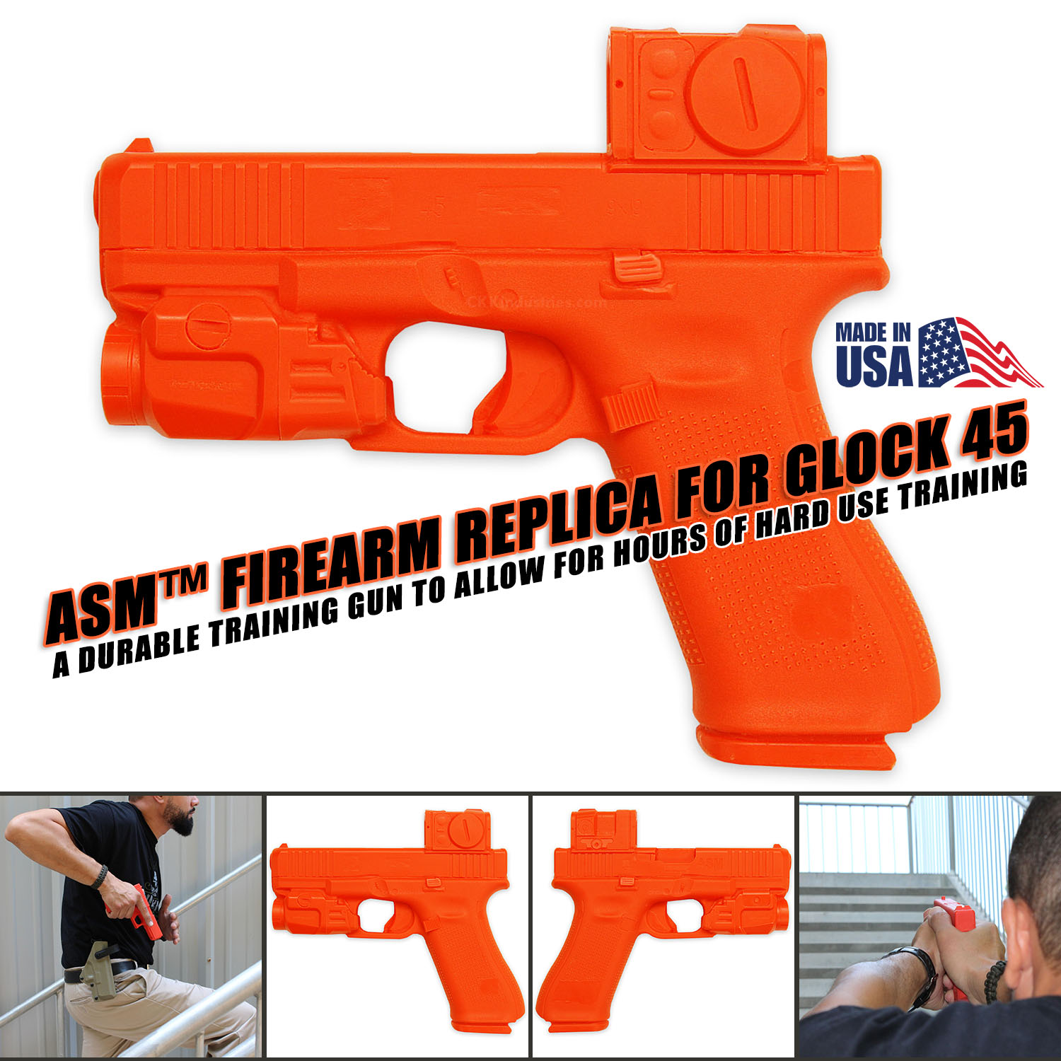 Blaze orange Glock 45 training prop with TLR-7A Flex and Aimpoint Arco P-2 attachments, shown on display for holster and sheath makers.