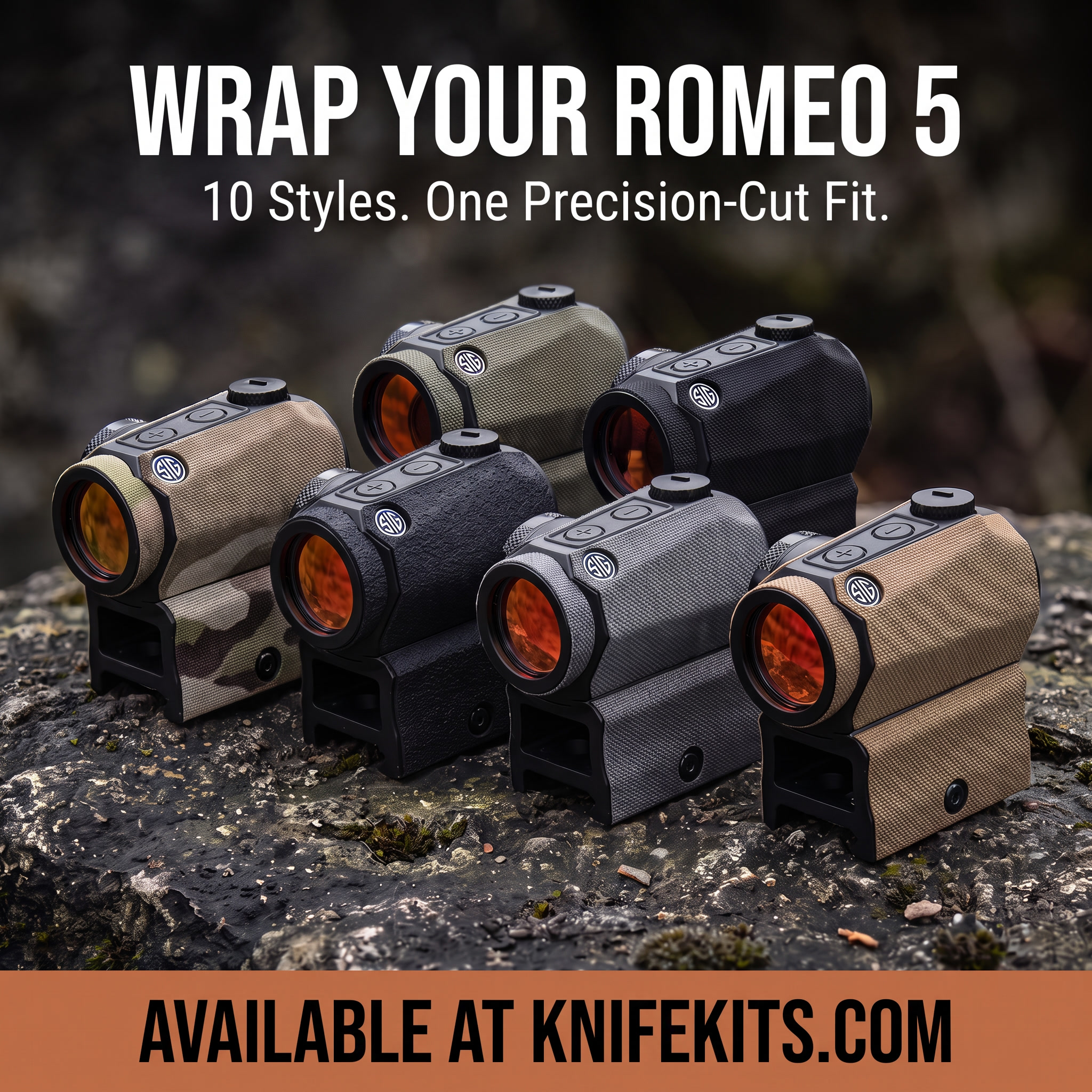 EDC Wrap Optic Wrap Kit precision-cut fabric pieces shown wrapped around a SIG SAUER Romeo 5 red dot optic on a dark workbench background