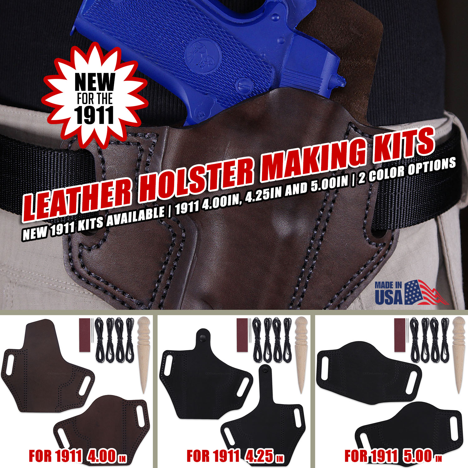 Three leather holster making kits for 1911 pistols showing pancake, thumb break, and mini slide styles with included tools and materials
