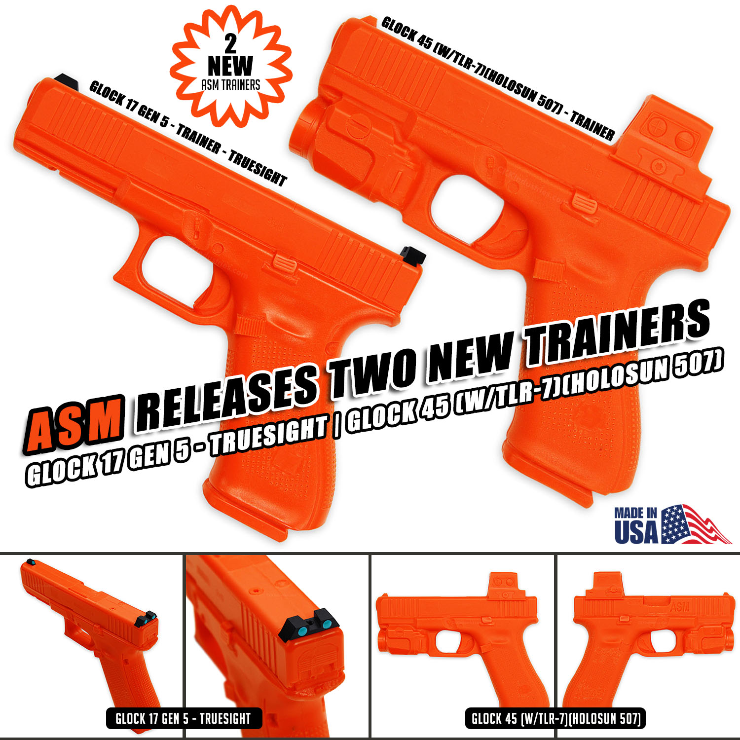 Two ASM training props: Glock 17 Gen 5 TrueSight and Glock 45 tactical setup in safety orange