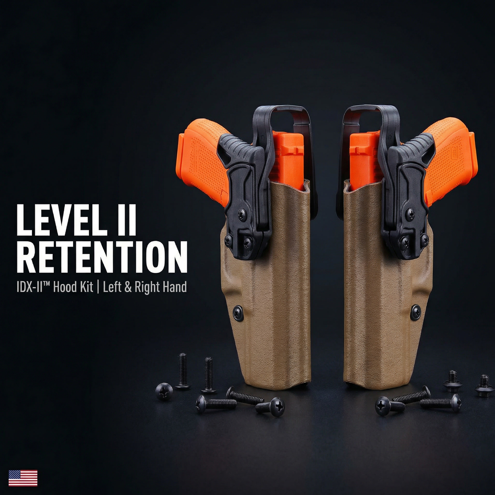 IDX-II Hood Kit Level II Retention showing left and right handed configurations mounted on holsters