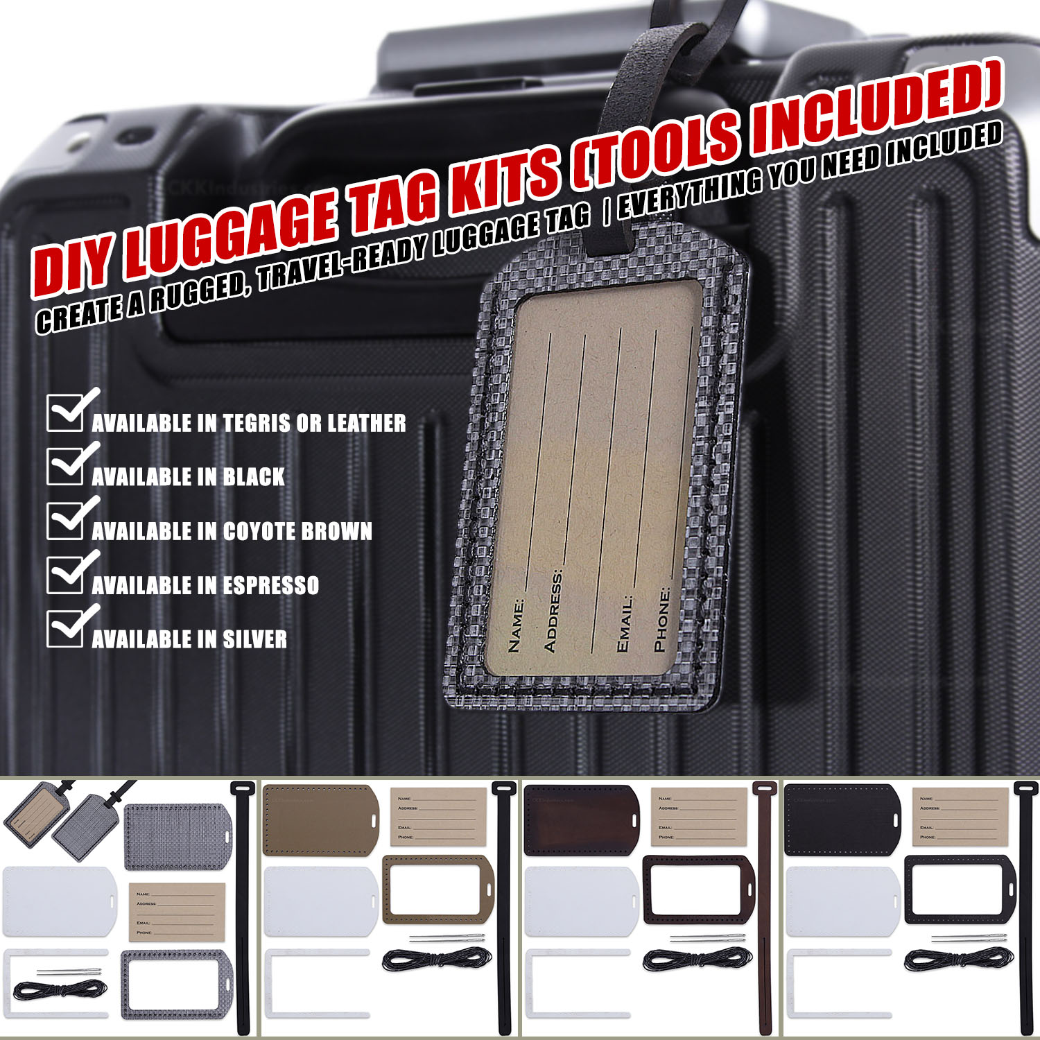 DIY Luggage Tag Kit showing black leather and Tegris material options with included tools and pre-cut pieces for assembly