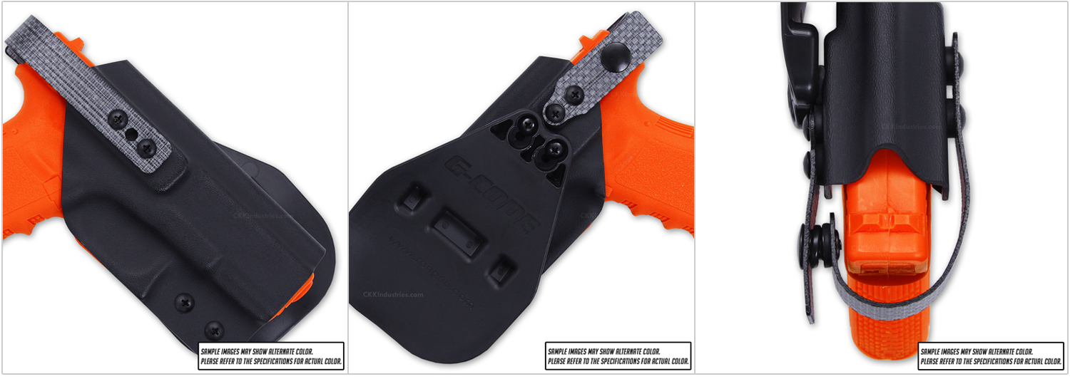 Level II Thumb Break Set made with 12-layer Tegris material showing thumb break component with integrated snap, IWB rigid loop, clutch posts, screws, washers, and complete snap assembly hardware laid out on white background