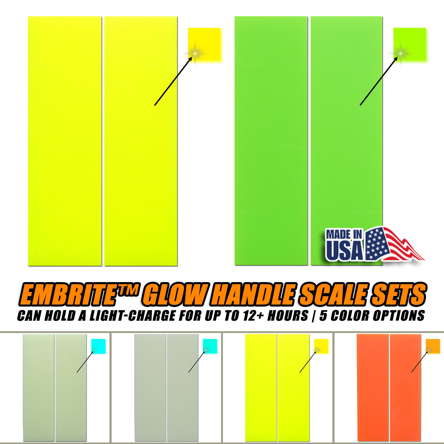 Embrite™ Glow Handle Scales in five neon colors: Aqua, Green, Lemon, Lime, and Orange, glowing in darkness