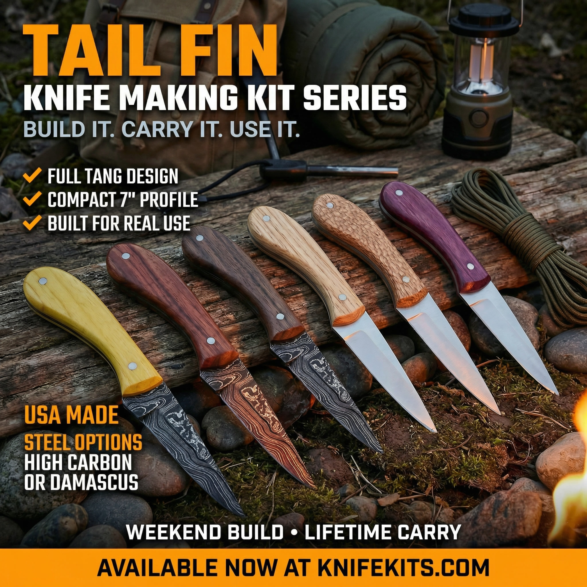Six finished Tail Fin™ knives resting on a natural log surface, showcasing compact fixed-blade designs with varied handle materials and blade finishes including high carbon steel and USA Damascus patterns.