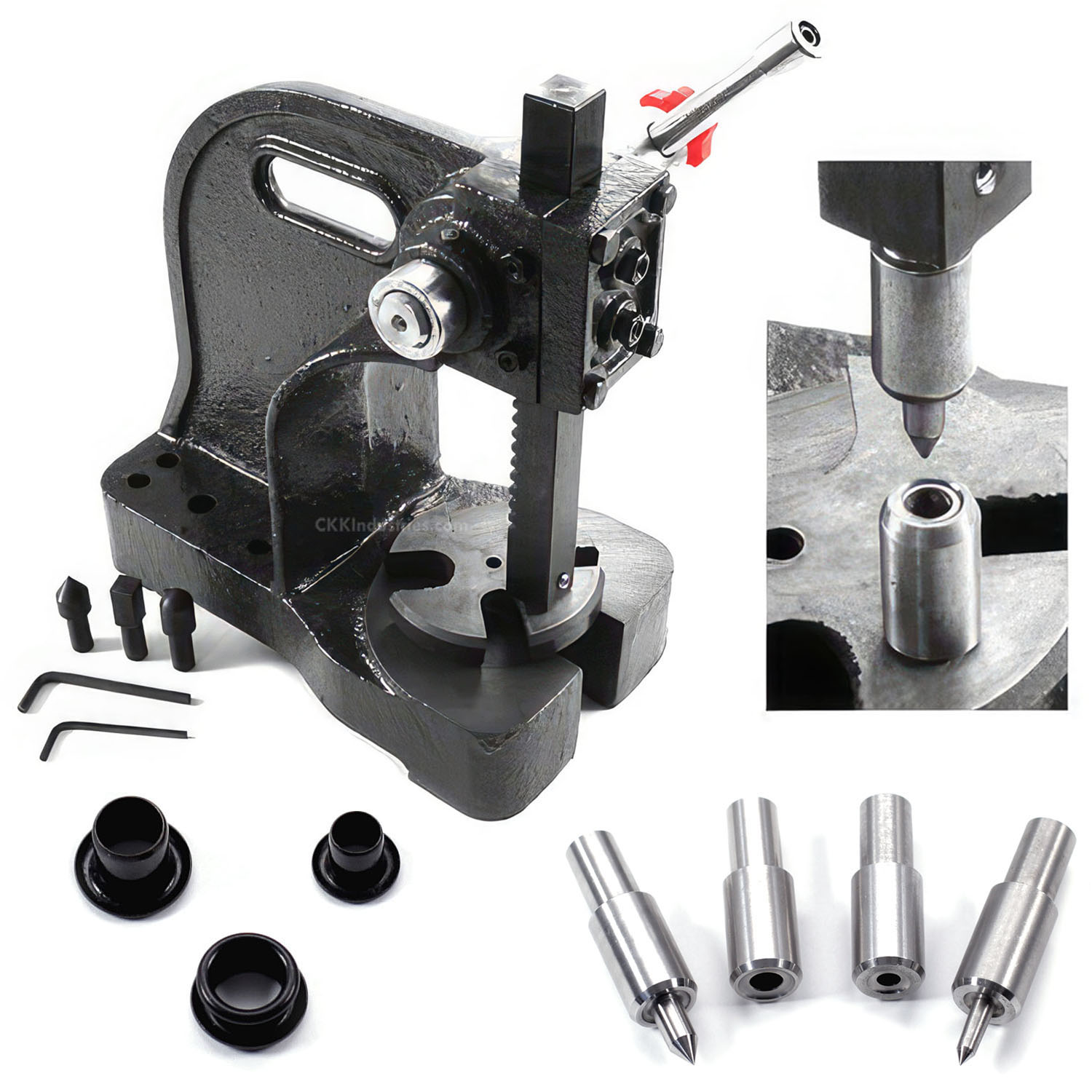 CKK Master Series Eyelet Setting Press Combo with Number 6 and Number 8 Setting Dies — heavy-duty custom bench top arbor press with precision-milled heat-treated stainless steel setting dies and three additional pressing ram attachments