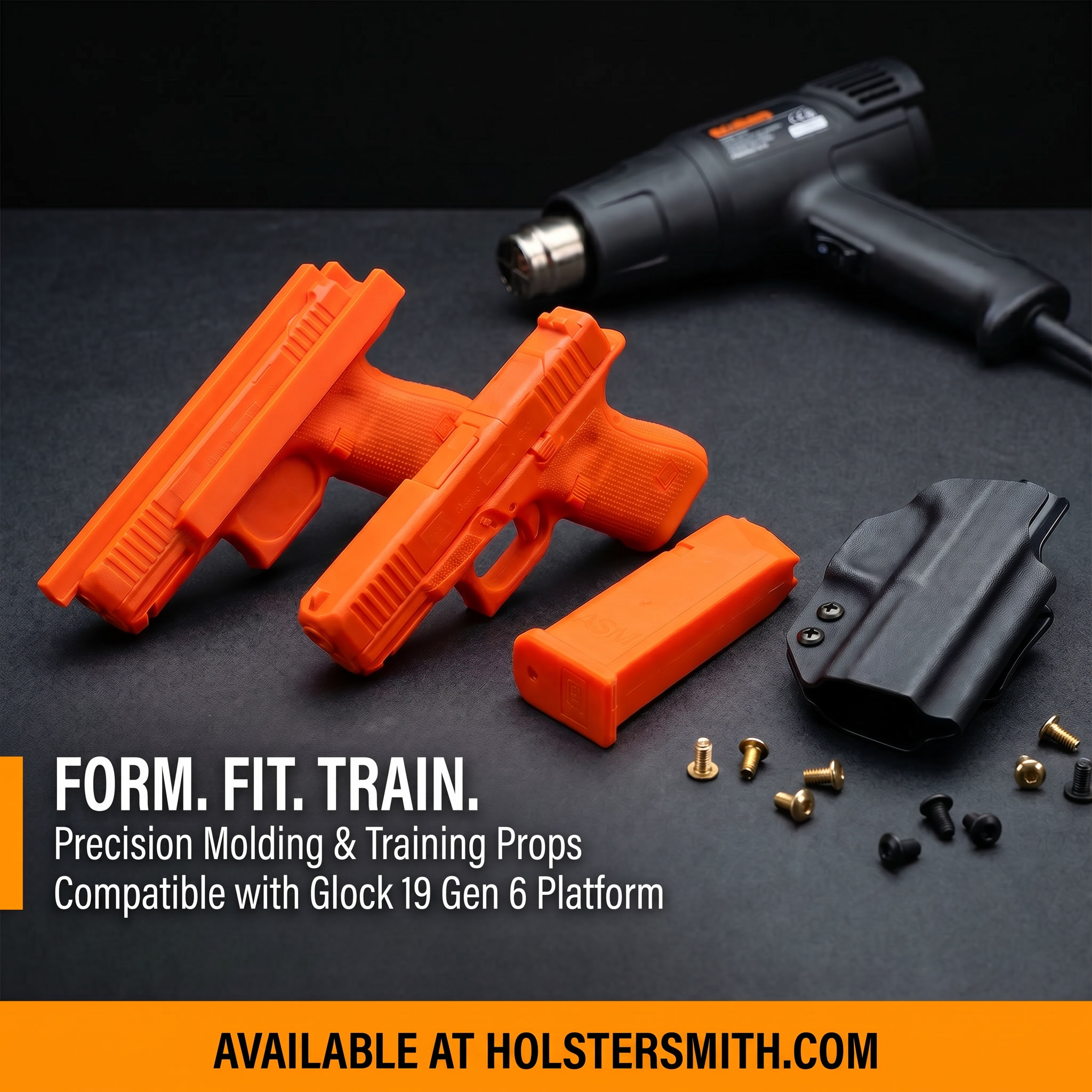 Three American Safety Molds™ Blaze Orange firearm replica props compatible with the Glock® 19 Gen 6 — the Holster Mold Prepped, the Trainer, and the Training Magazine — displayed on a dark workshop surface alongside KYDEX® holster-making materials at Holstersmith.com.