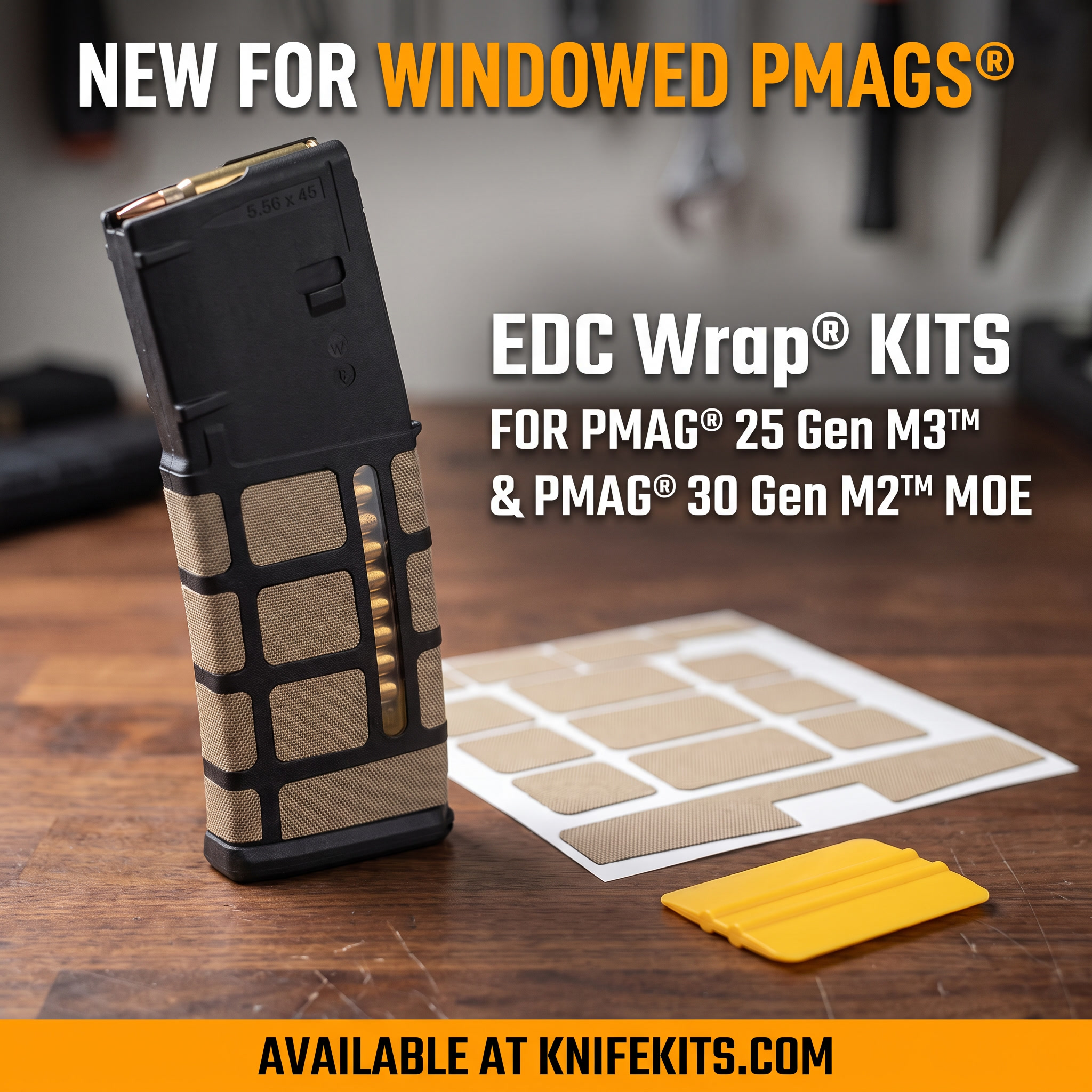 EDC Wrap kit for PMAG magazine in Desert Tan showing the wrap applied around the magazine body with the window cutout left clear