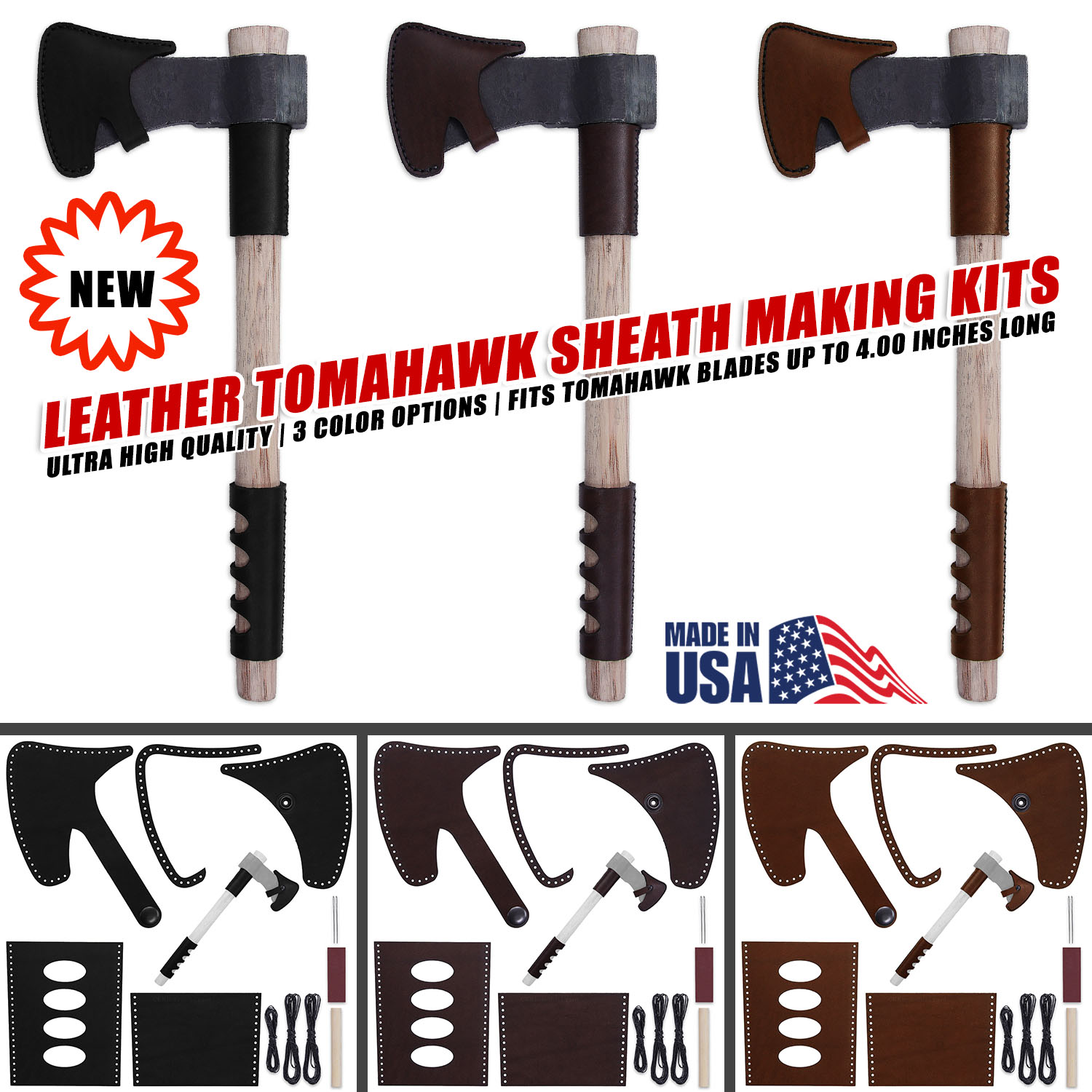 Premium 8-9oz top-grain leather tomahawk sheath kit in black, espresso, and London tan with included tools